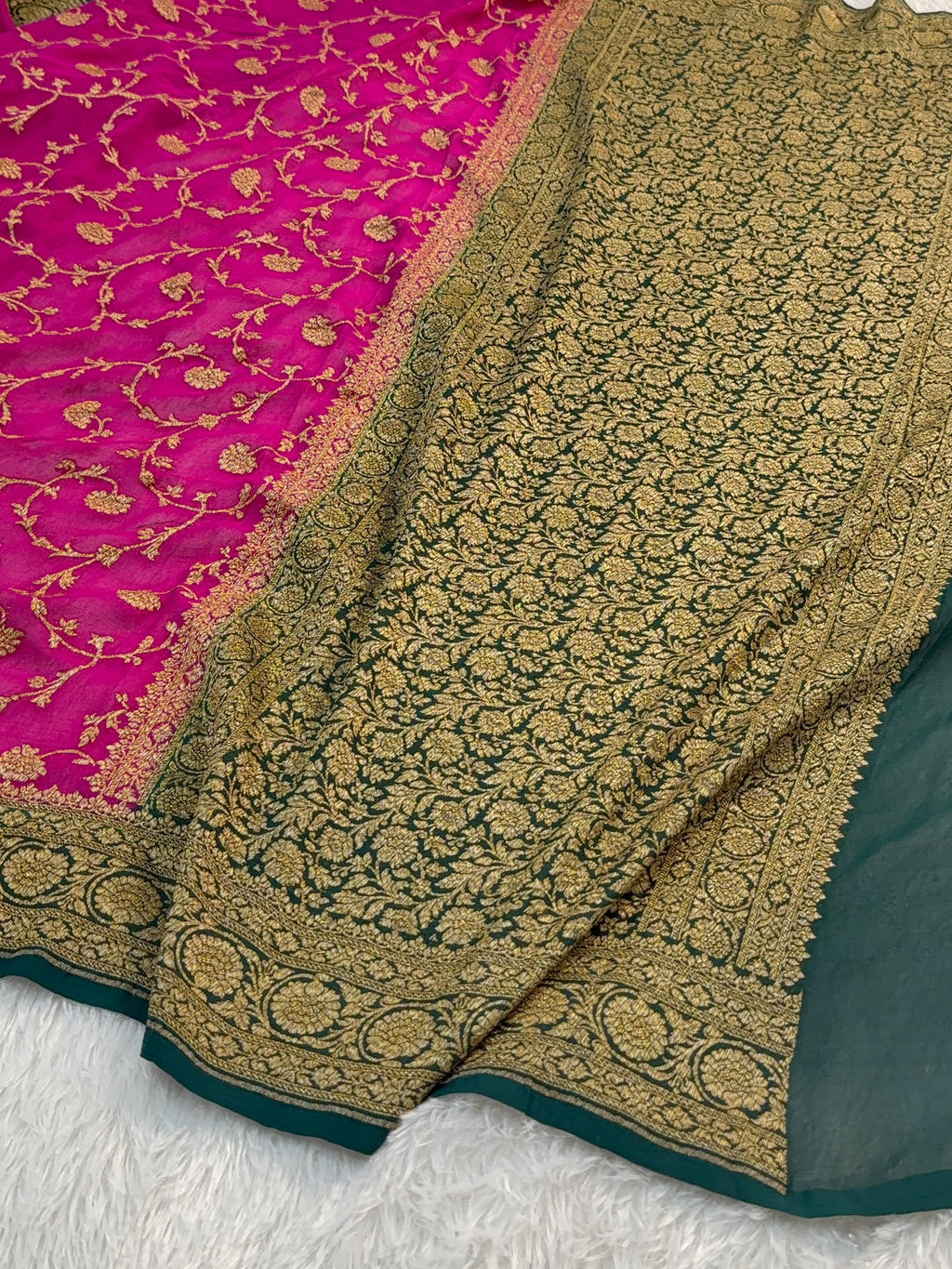 Banarasi Pure Khaddi Chiffon Saree  with Antique Zari Work In Floral Jaal Design in Shot Rani Colour