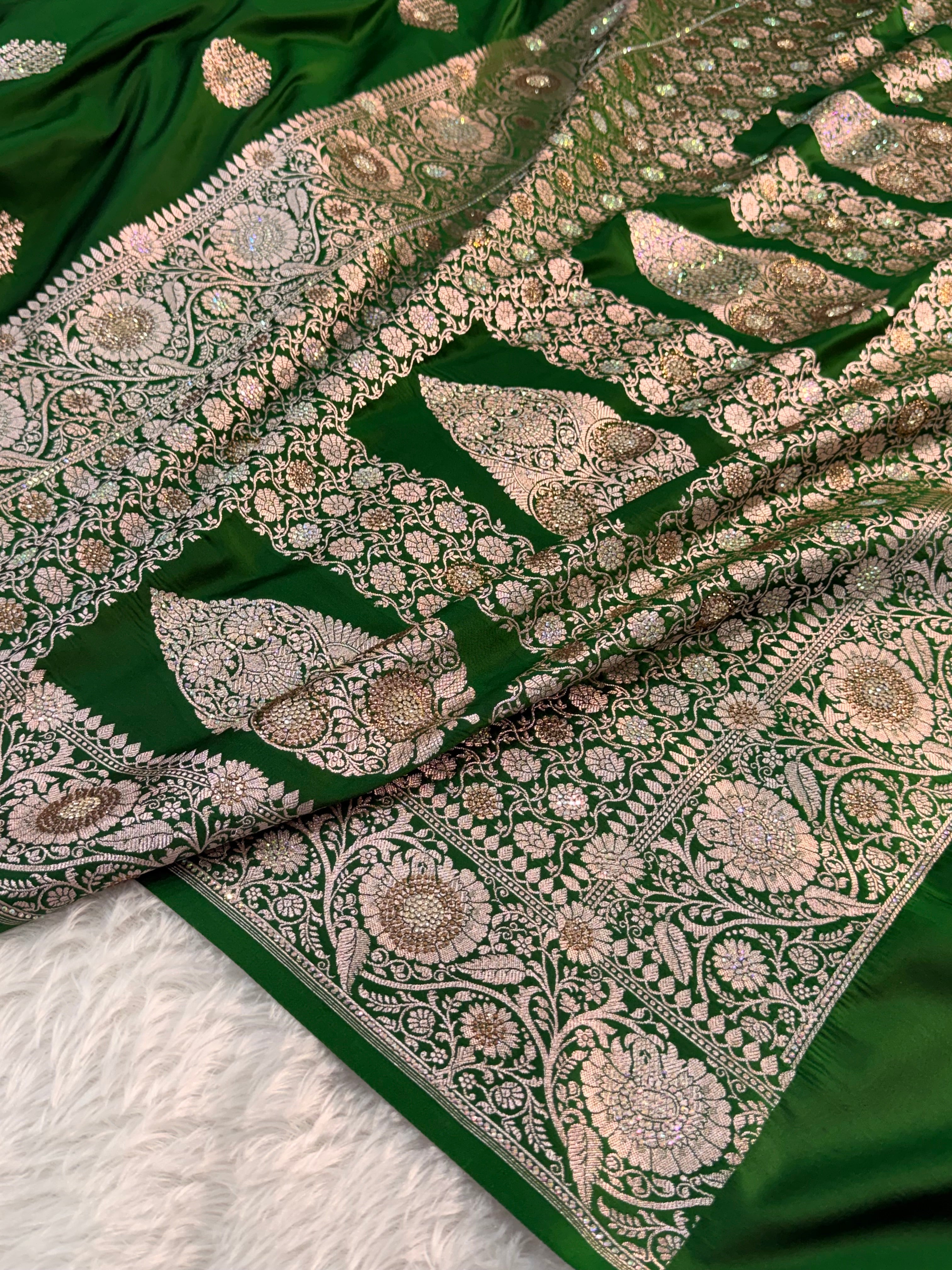 Bridal Mashru Silk Saree with Buta design in Dark Green Color Shade with Swaroski work