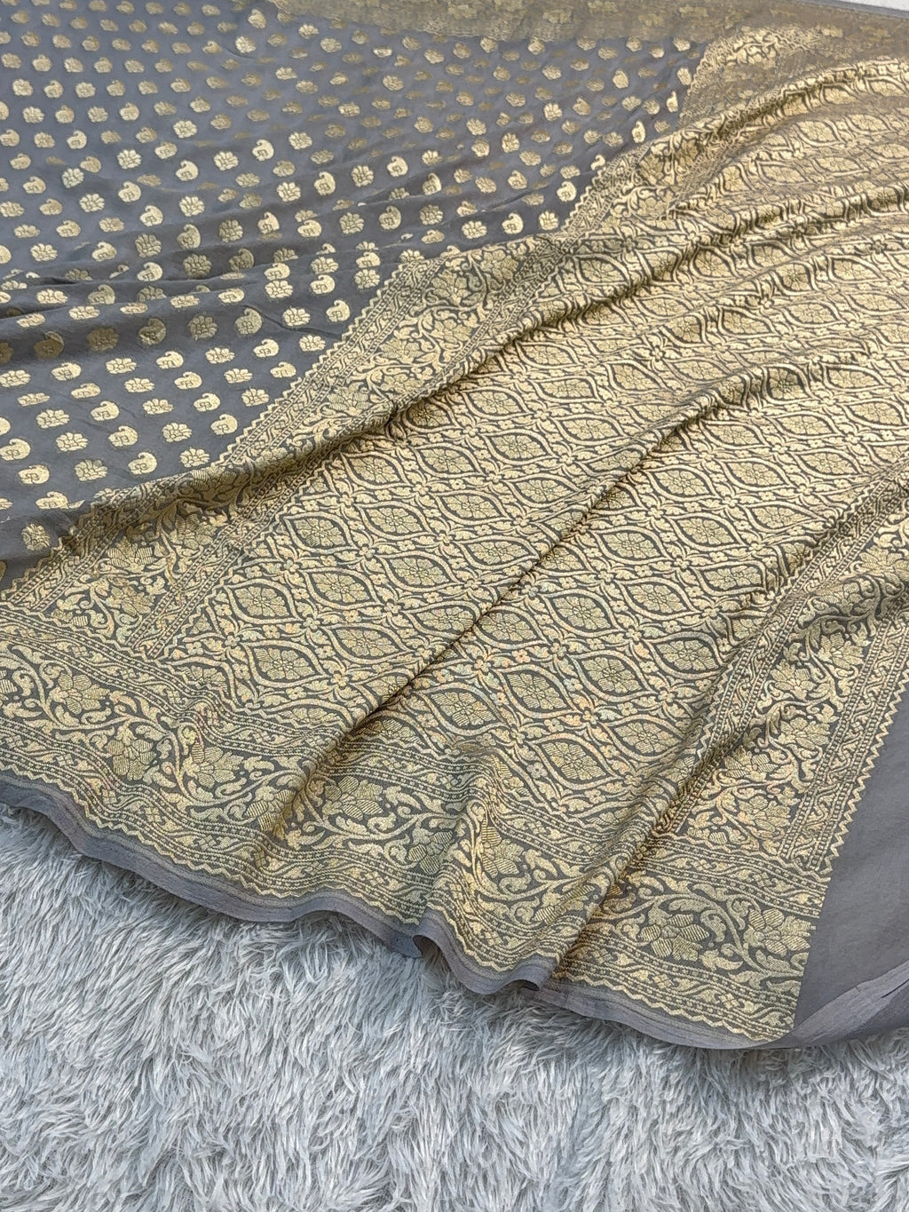 Banarasi Pure Khaddi Shifon Saree in Border And Buti Design in Grey Colour