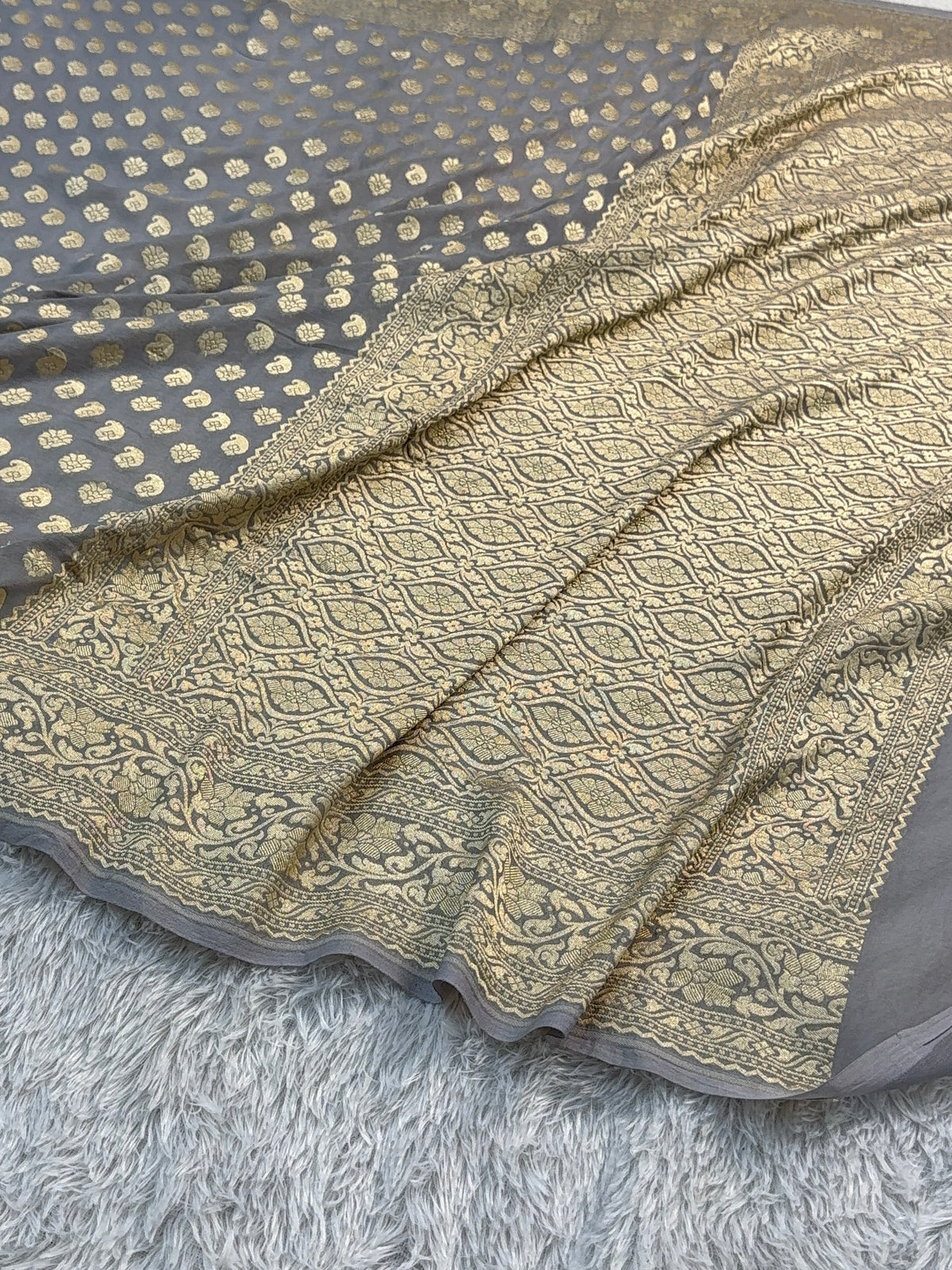 Banarasi Pure Khaddi Shifon Saree in Border And Buti Design in Grey Colour
