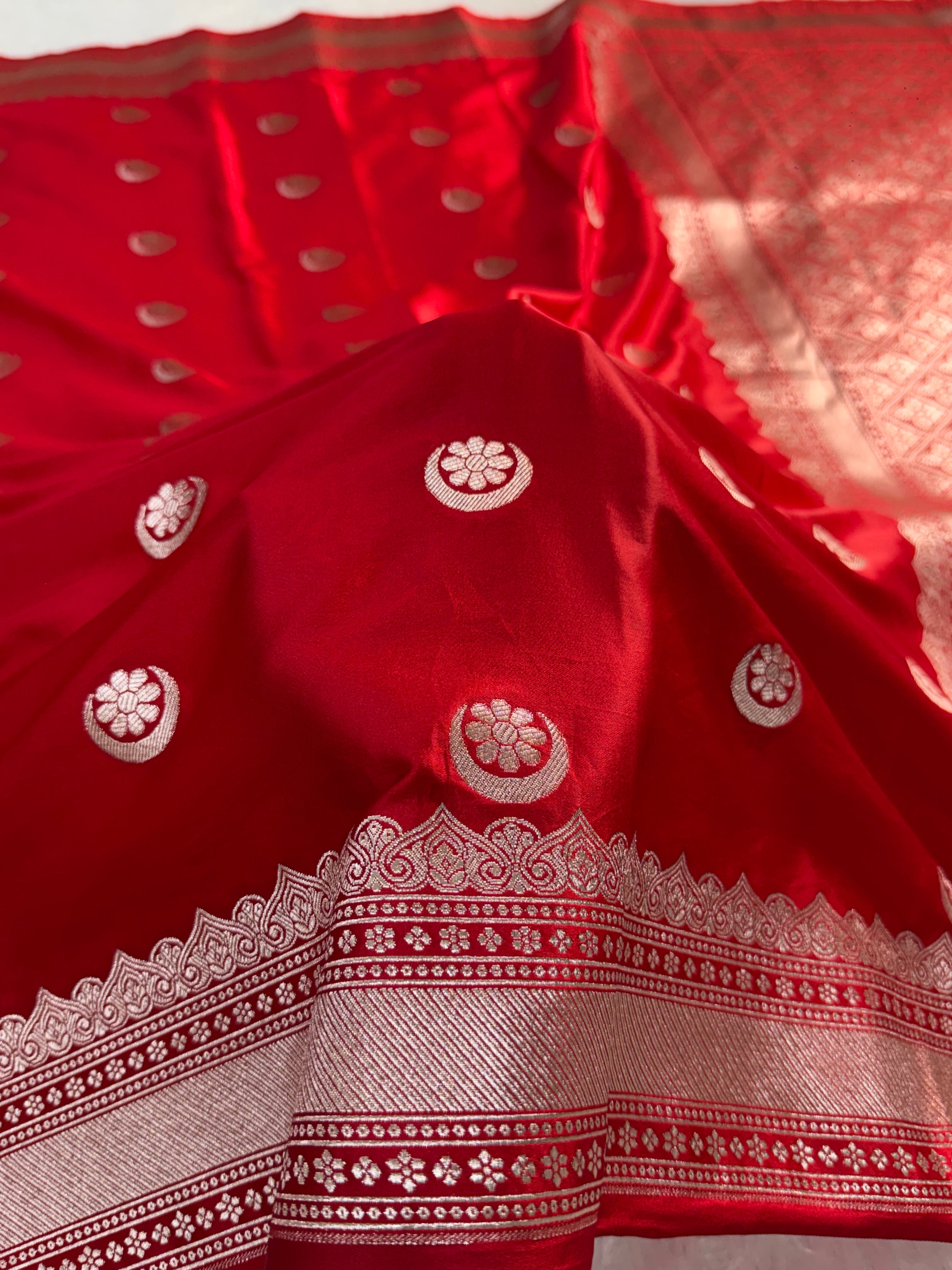 Banarasi Mashru Silk Saree in Border Buti Design in Bloody Red colour