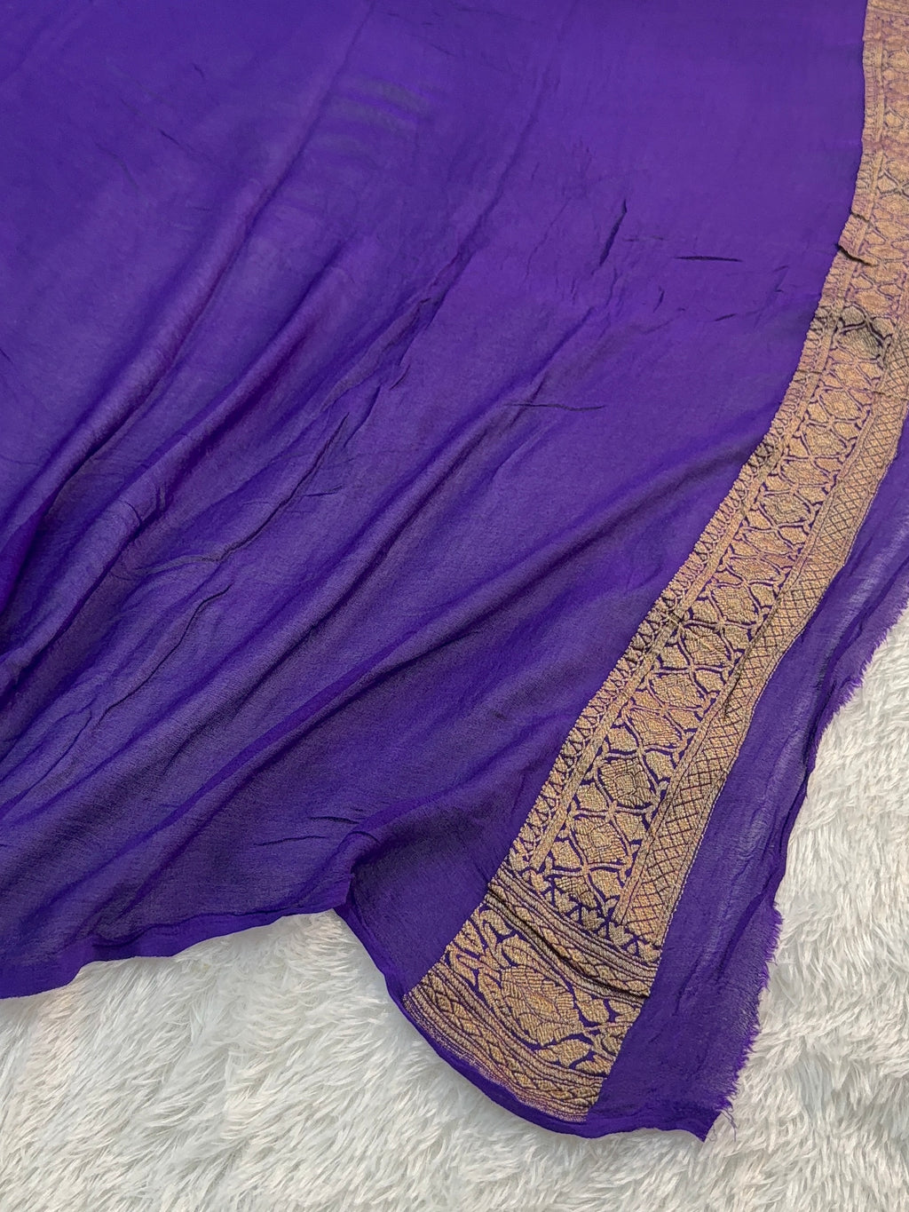 Banarasi Pure Khaddi Chiffon Saree  with Antique Zari Work In Small Circle Motifs Design in Deep Violet Colour