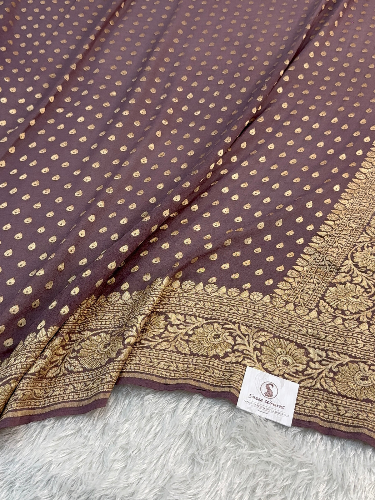 Banarasi Pure Khaddi Chiffon Saree in Border and Buti Design in Deep Purple Colour