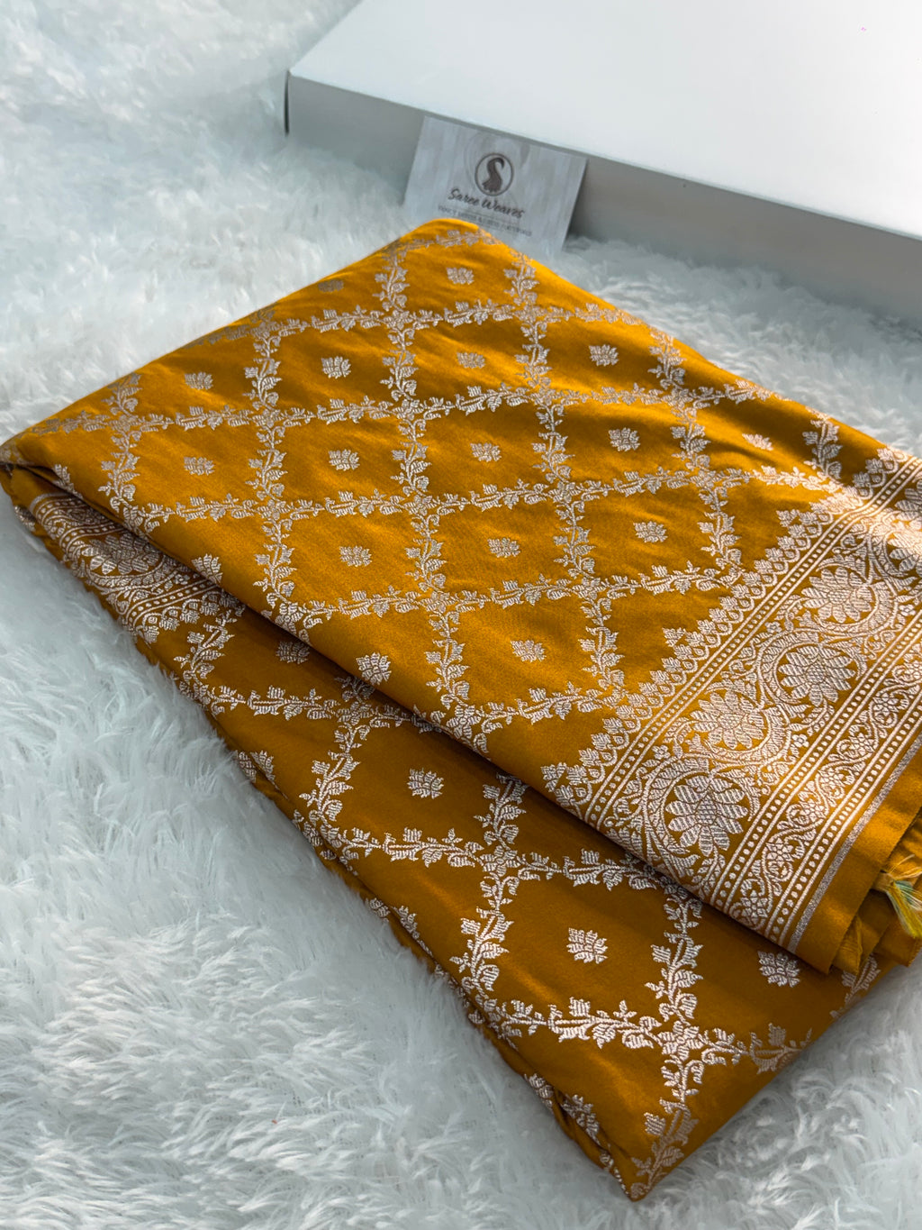 Banarasi mashru silk saree in chokdi jaal design in dark Yellow color