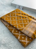 Banarasi mashru silk saree in chokdi jaal design in dark Yellow color