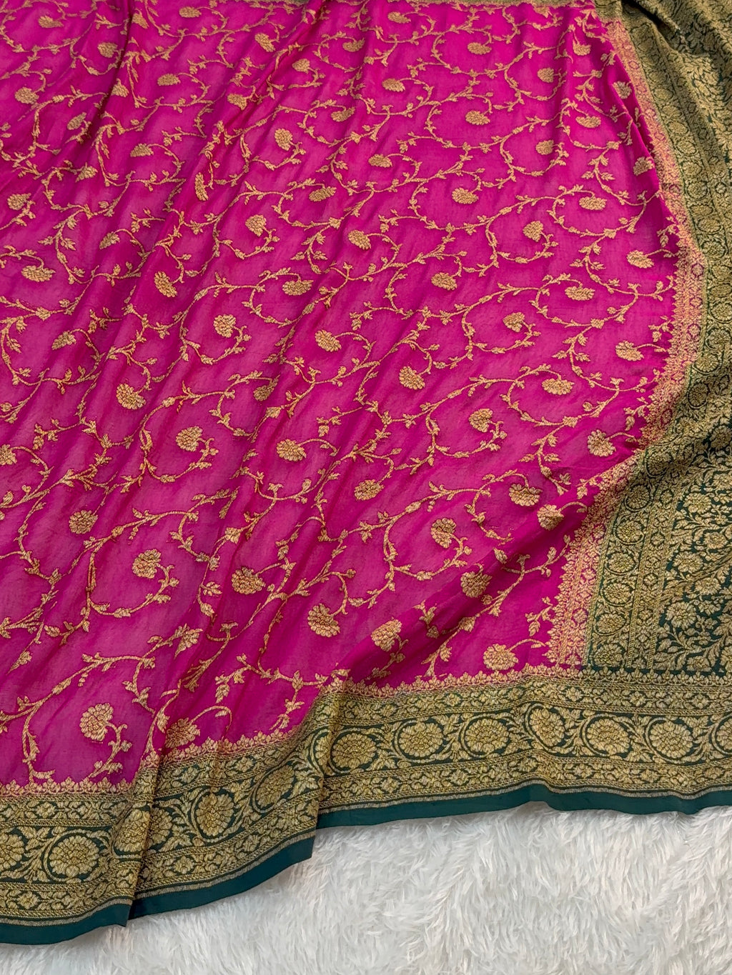 Banarasi Pure Khaddi Chiffon Saree  with Antique Zari Work In Floral Jaal Design in Shot Rani Colour