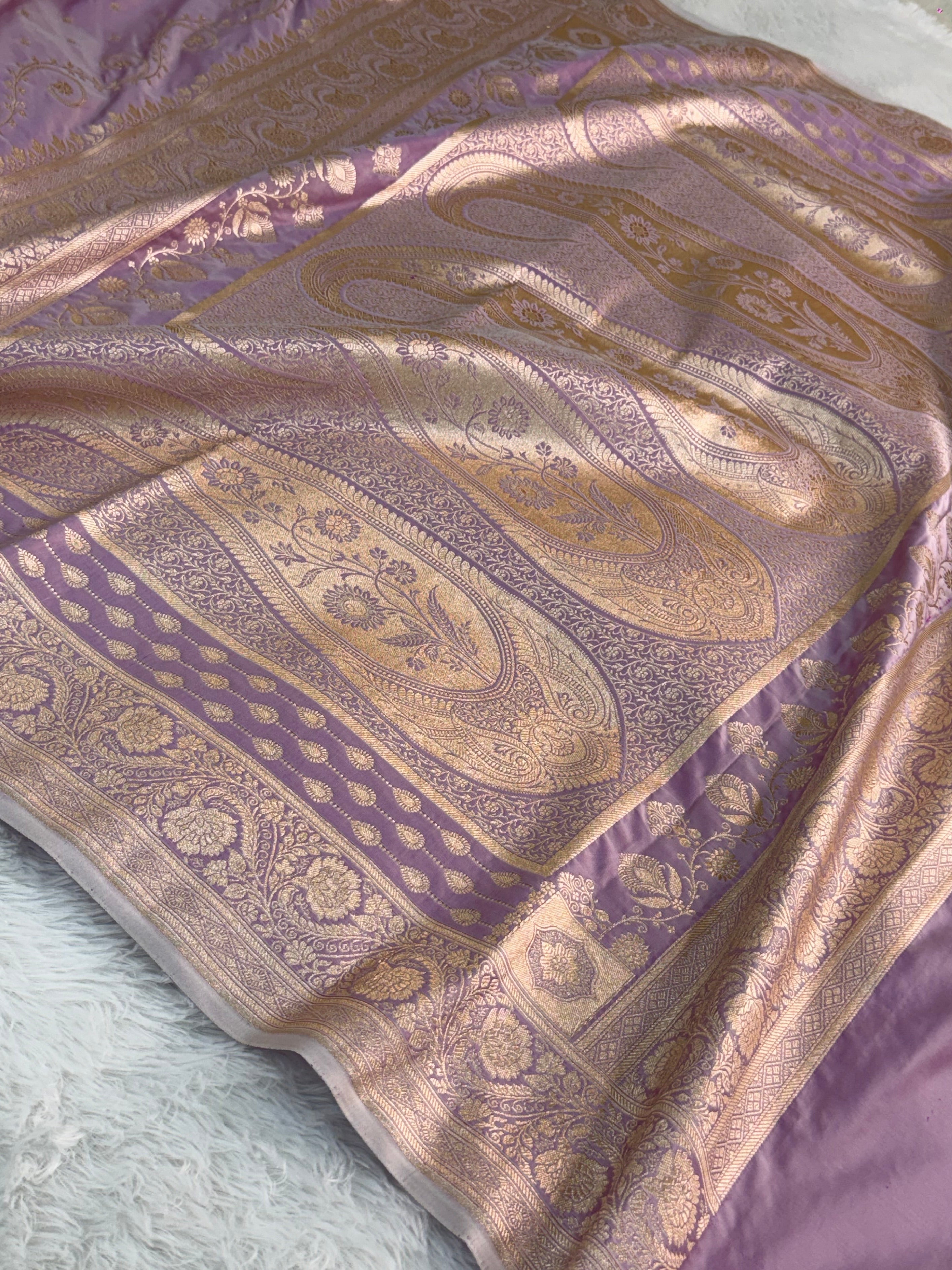 Banarasi Mashru Silk Saree Intricate Buti Design in Rusty Lavender color