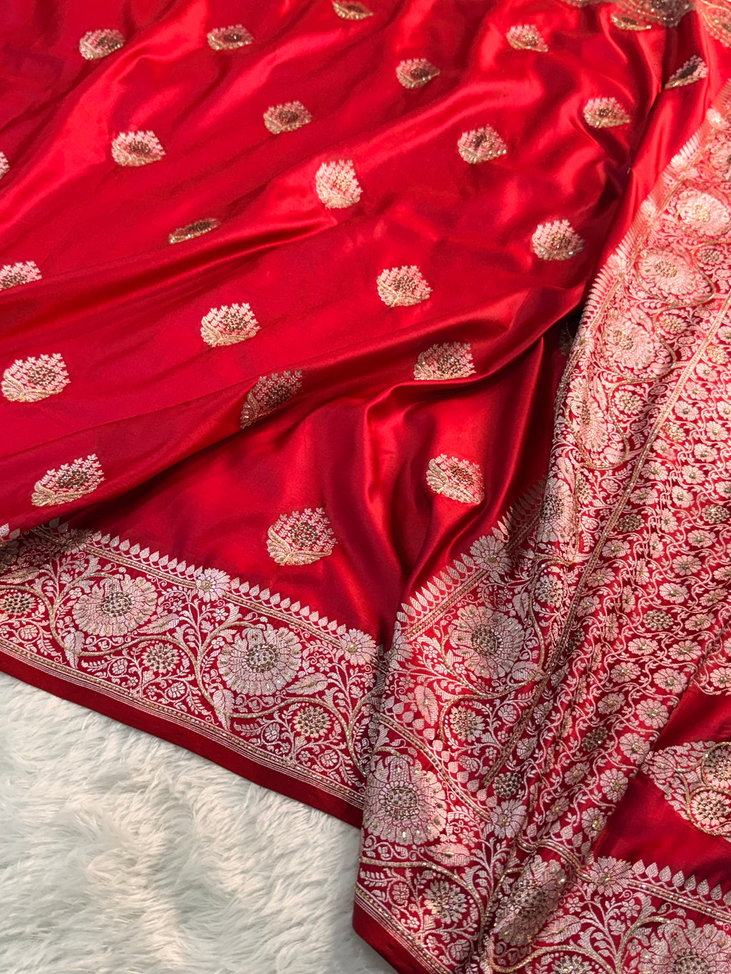 Bridal Mashru Silk Saree with Buta design in Red Color Shade with Swaroski and zardozi work