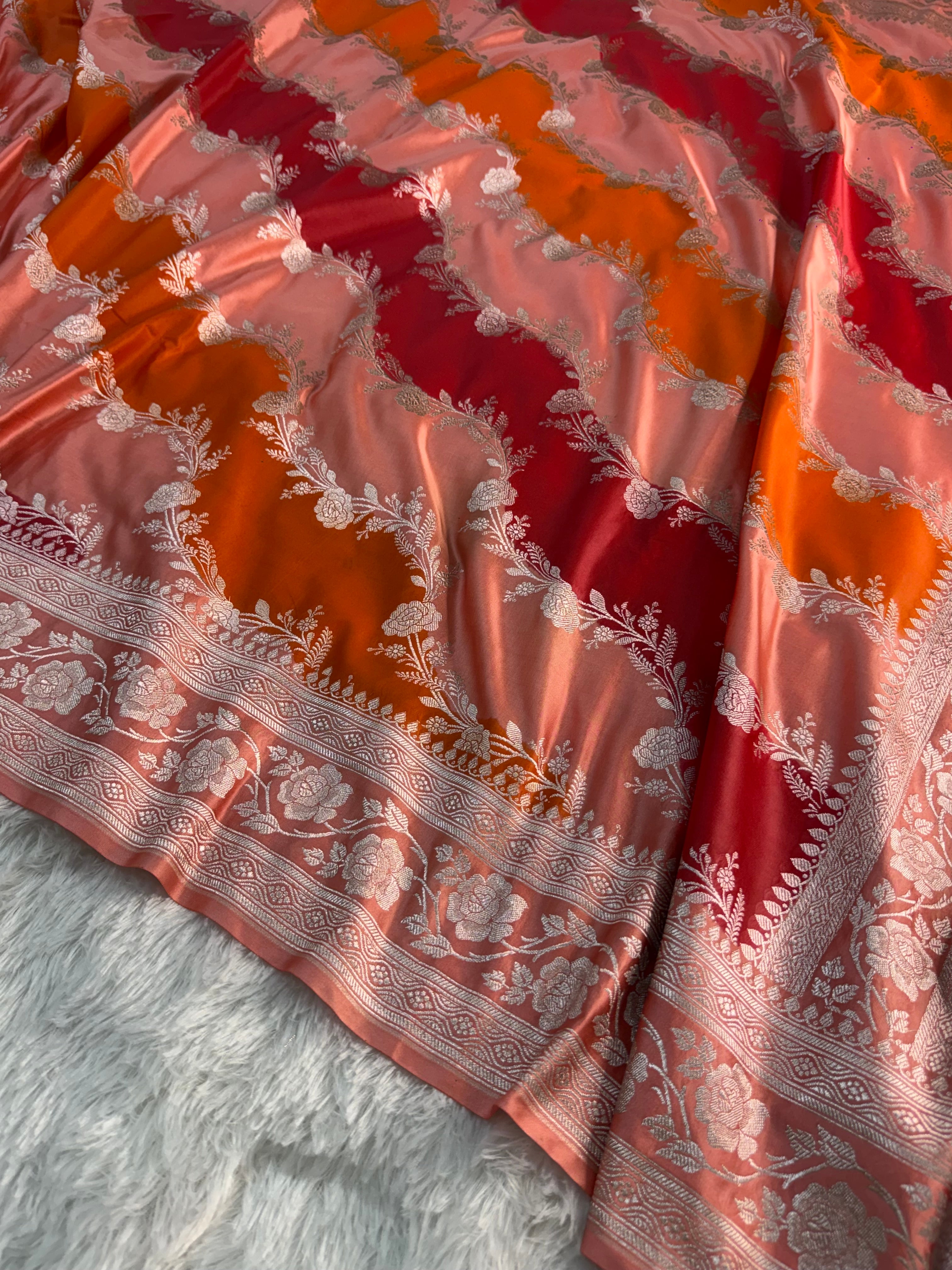Banarasi mashru silk rangkat saree in aada pattern design in peach, orange, red colour