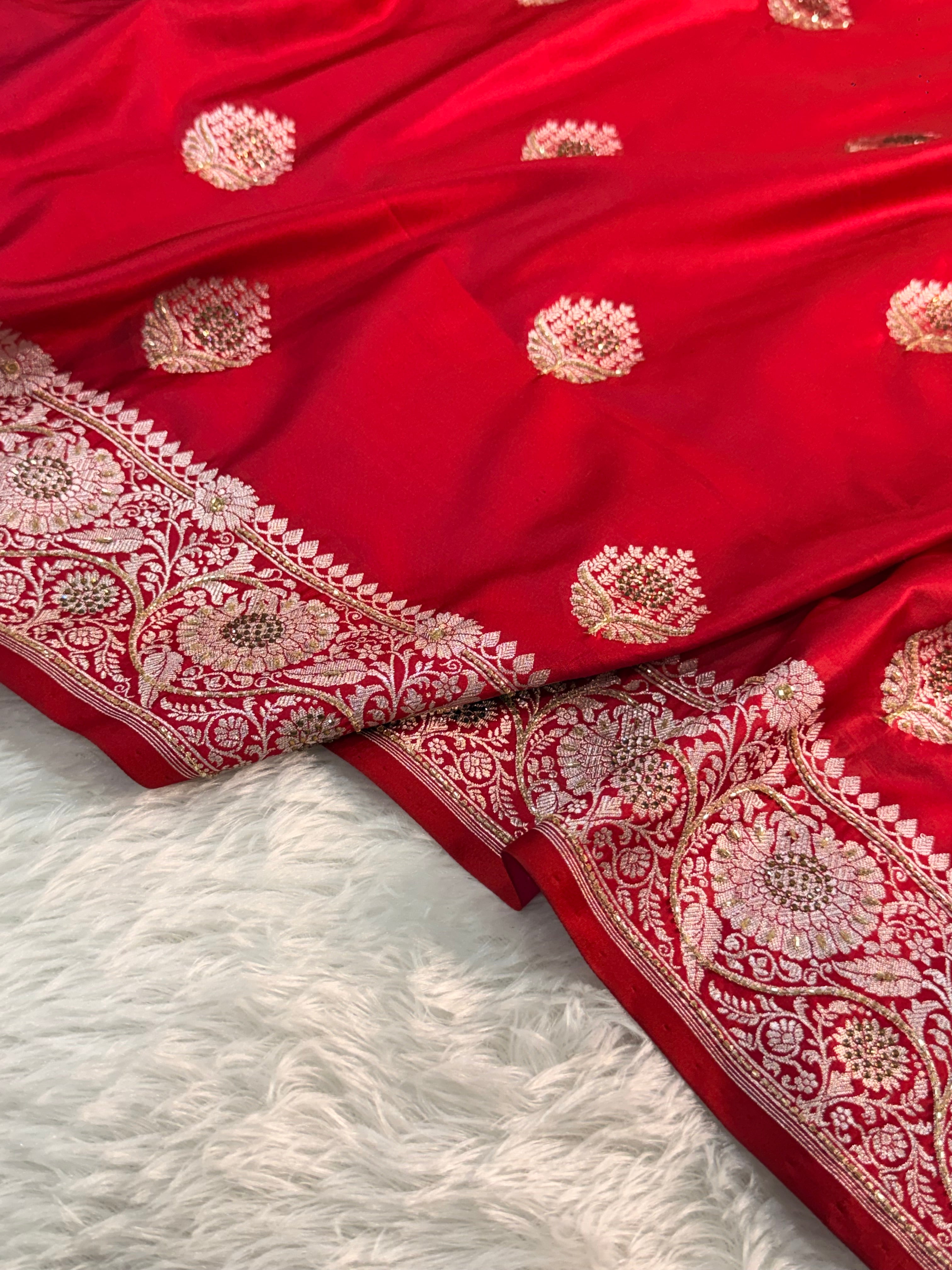 Bridal Mashru Silk Saree with Buta design in Red Color Shade with Swaroski and zardozi work