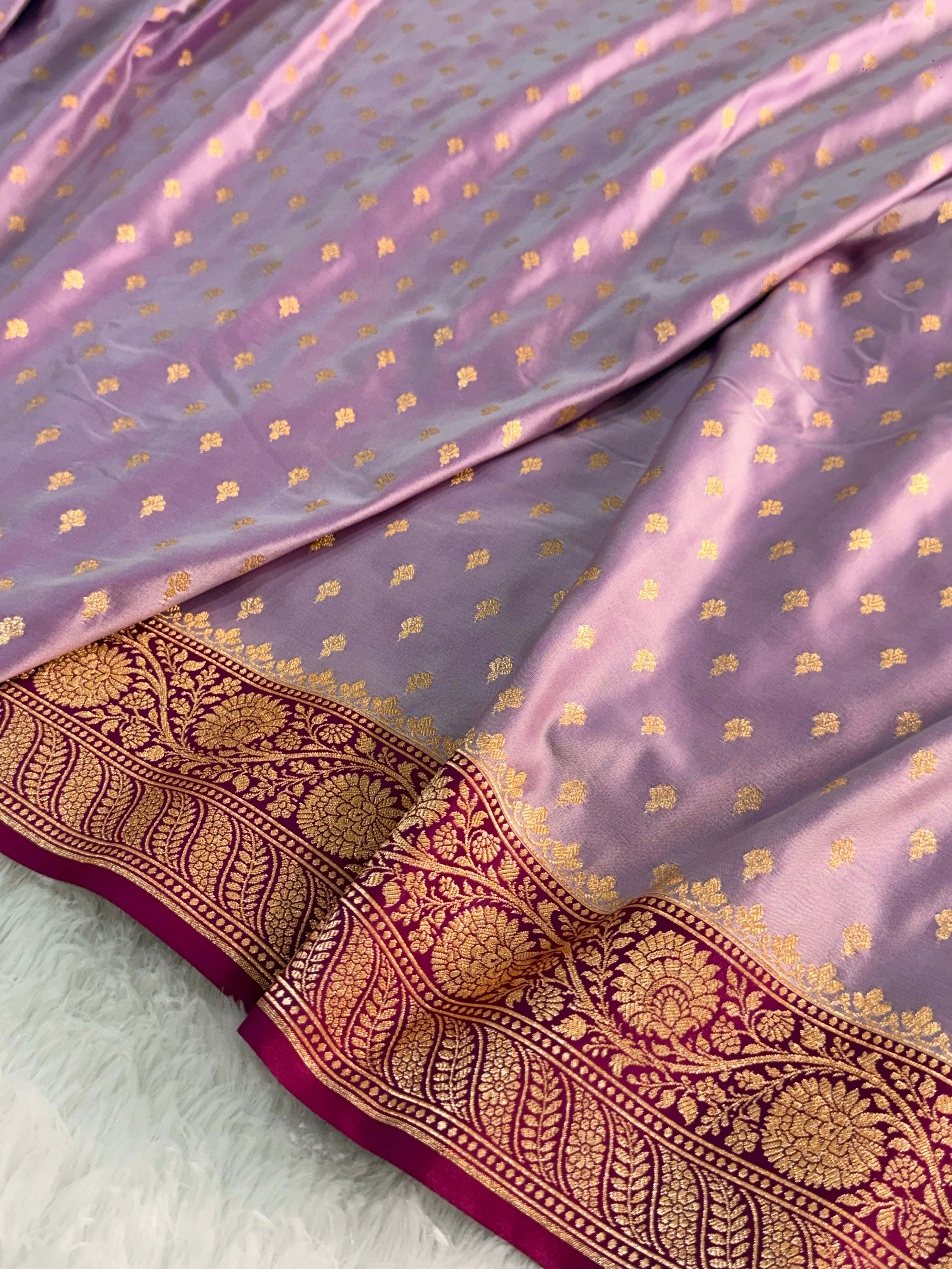 Banarasi Mashru Silk Saree with Buti Design in contrast Lavender colour