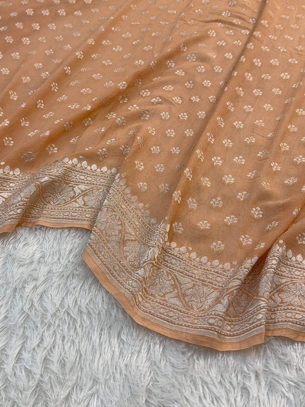 Banarasi Pure Khaddi Chiffon Saree  with Silver Zari Work with Small Motifs Pattern Design in Peach Colour