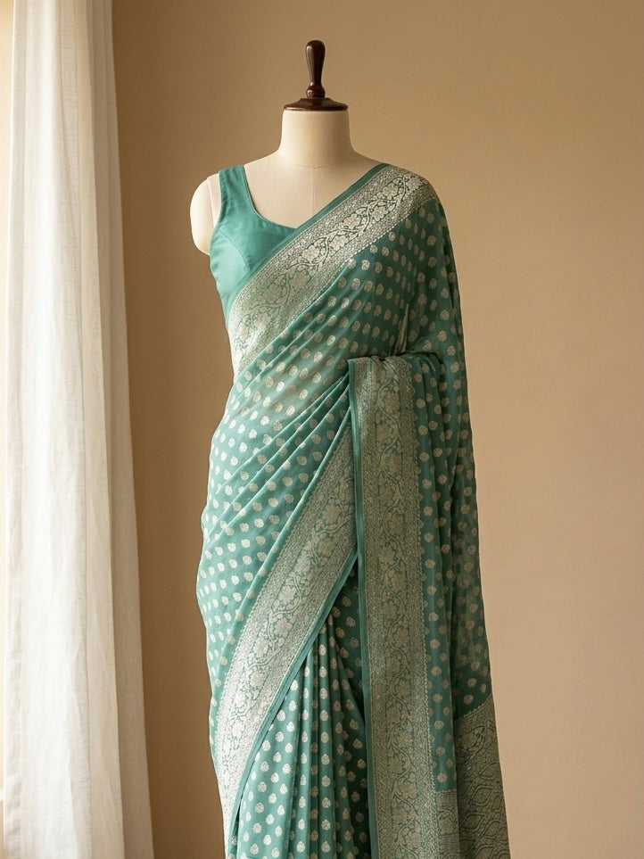 Banarasi Pure Khaddi Chiffon Saree in Border And Buti Design in Sea Green Colour