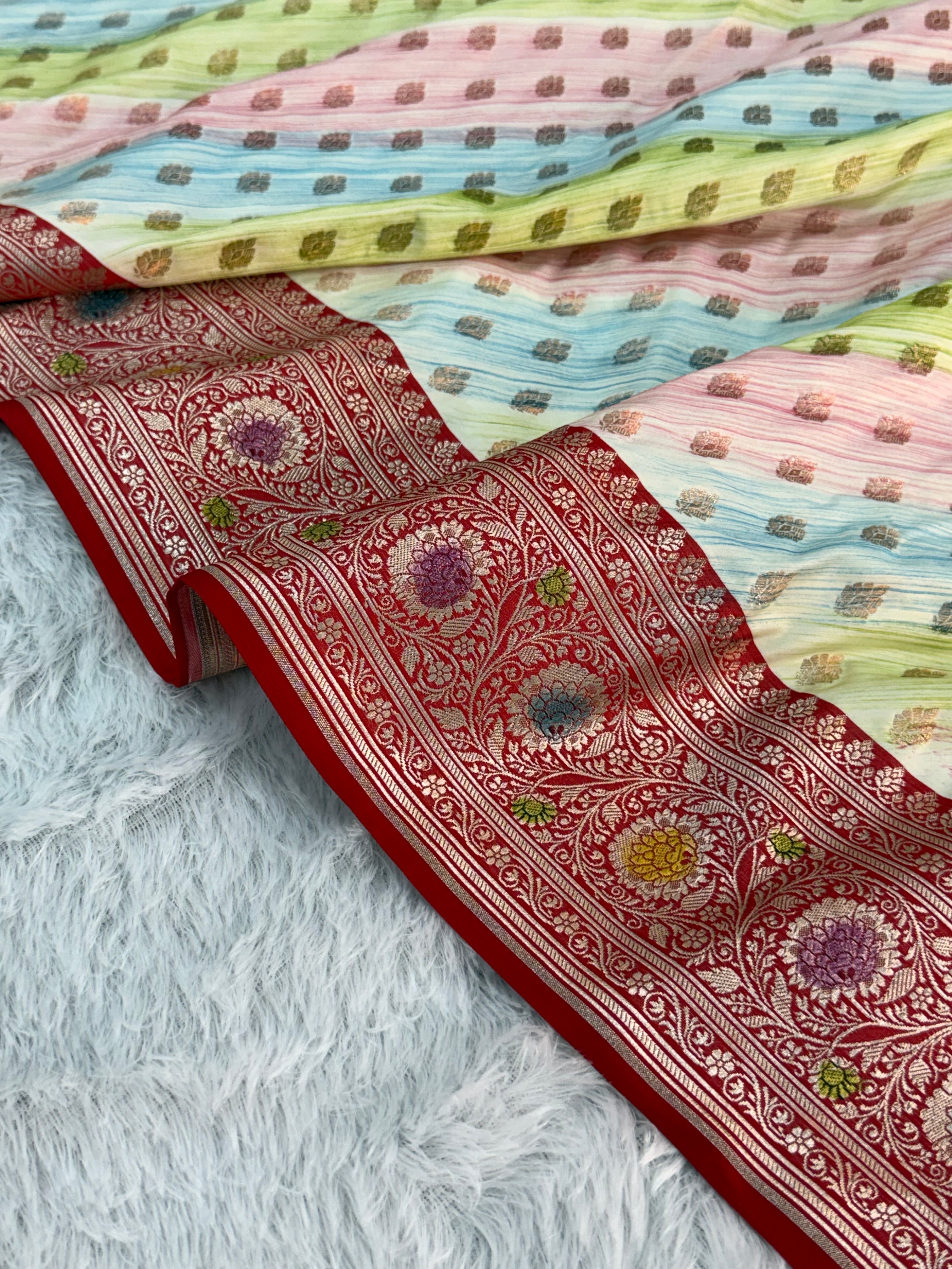 Mashru Silk Saree With Buti Design In Hand Brush contrast Colour