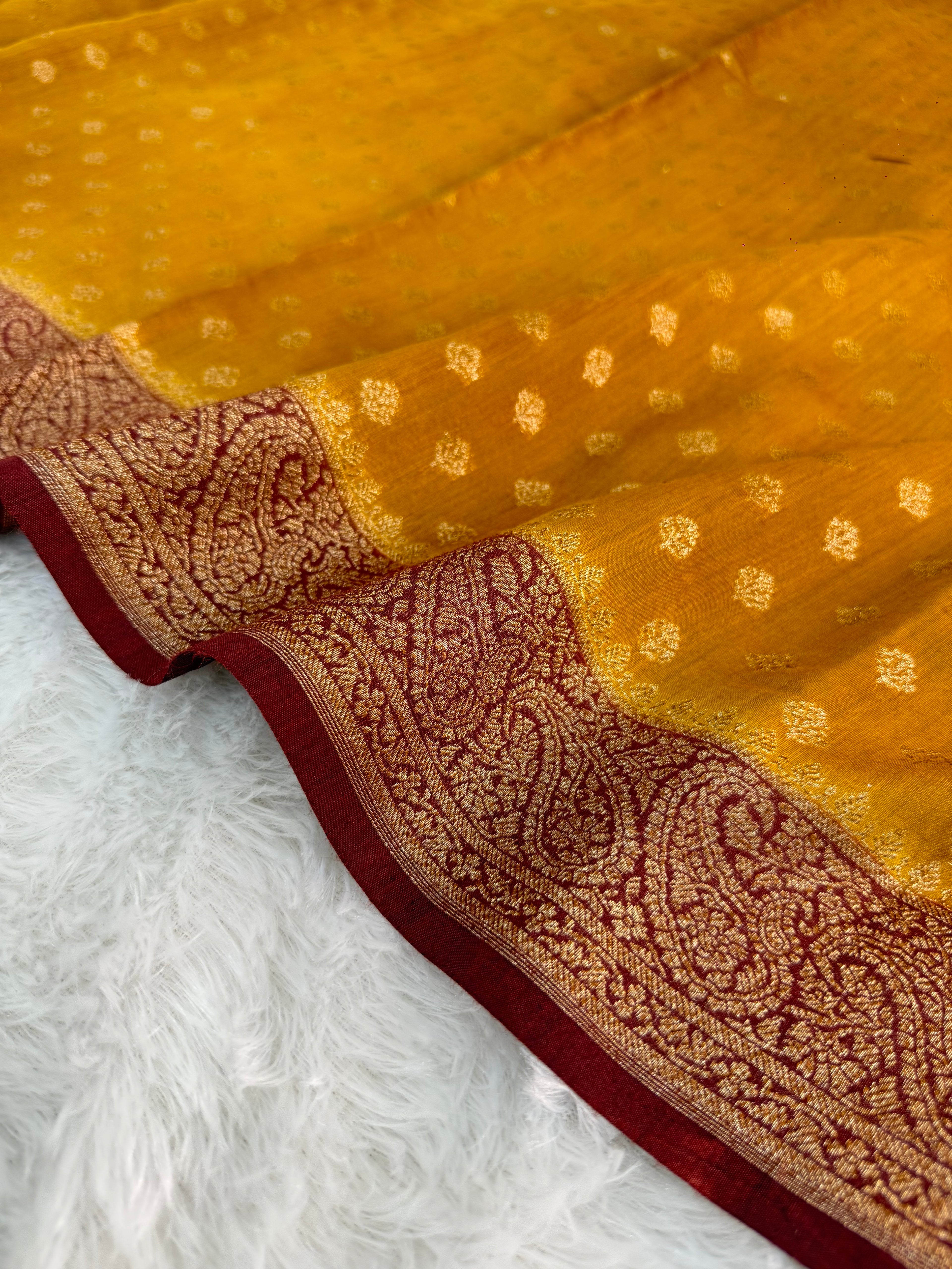 Banarasi Pure Monga Silk saree in contrast mustard and maroon color combination
