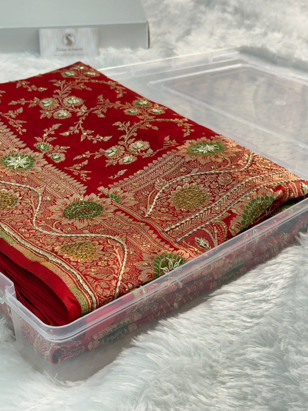 Bridal Mashru Silk Saree in jaal design in Red Color Shade with Swaroskiwork