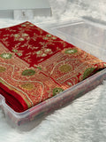 Bridal Mashru Silk Saree in jaal design in Red Color Shade with Swaroskiwork