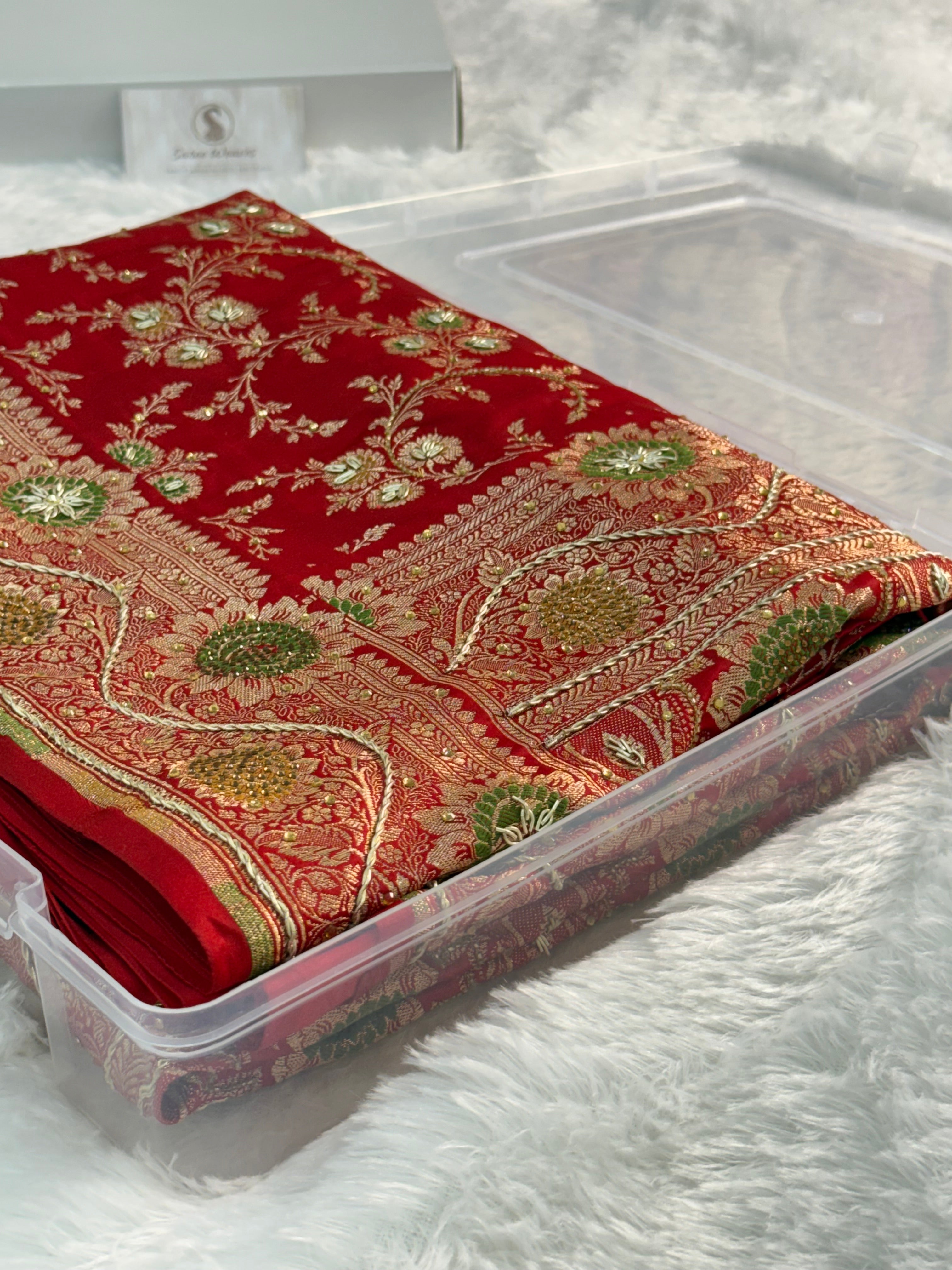 Bridal Mashru Silk Saree in jaal design in Red Color Shade with Swaroskiwork