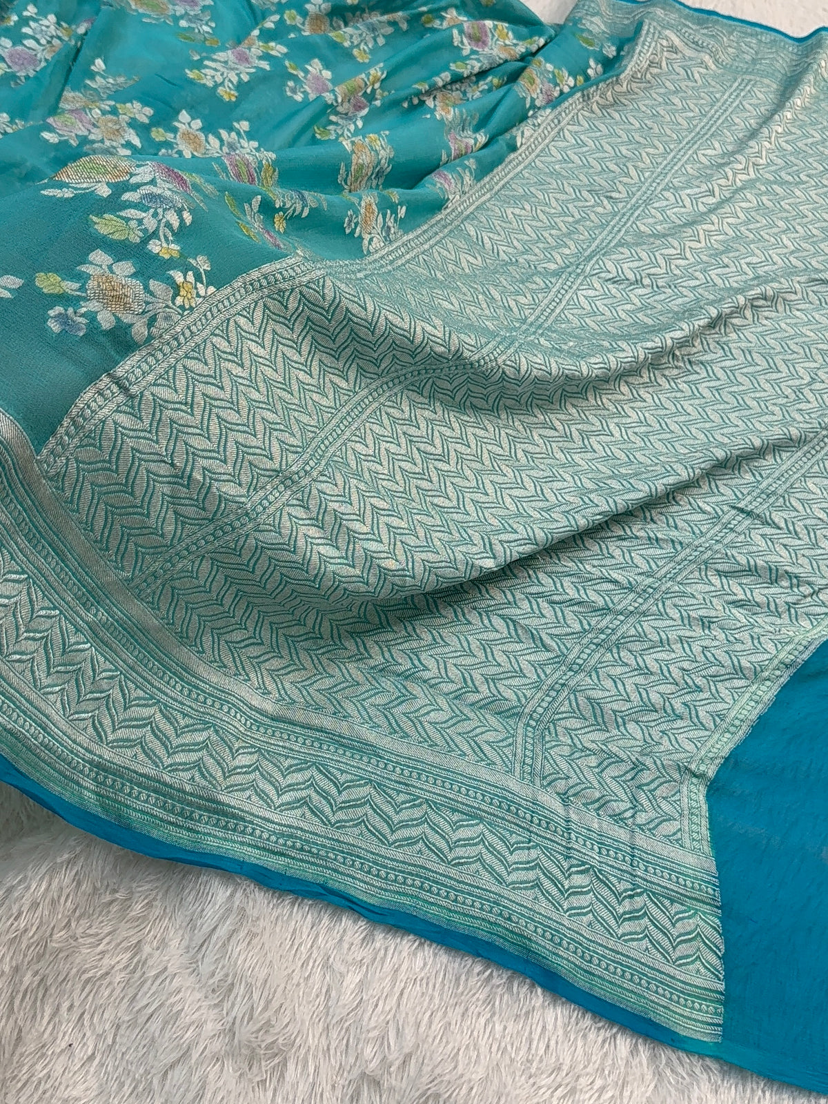 Banarasi Pure Khaddi Chiffon Saree  with Silver Zari Work In Floral Jaal Design with Meenakari by handbrush in Sea Green Colour