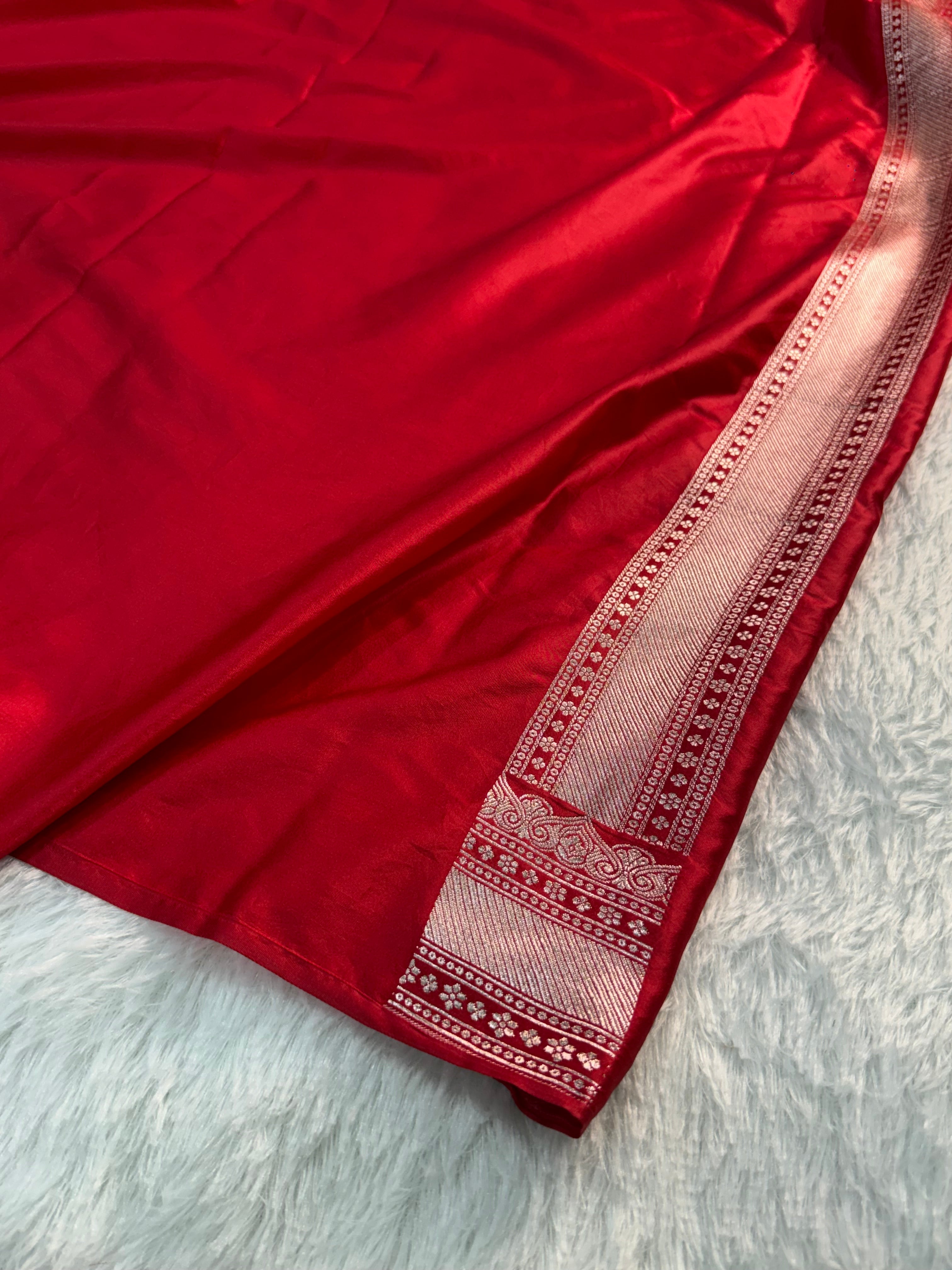 Banarasi Mashru Silk Saree in Border Buti Design in Bloody Red colour