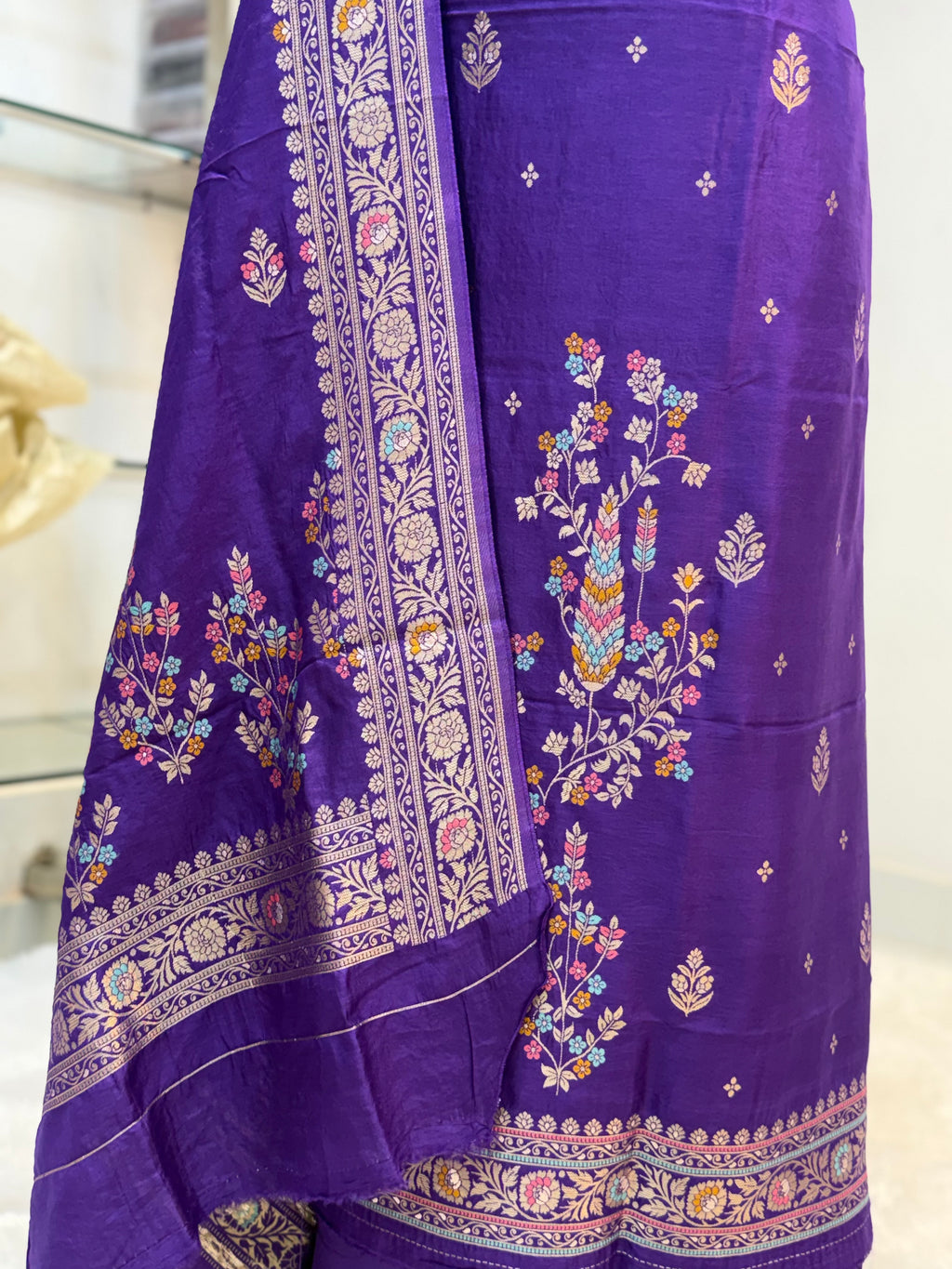 Pure Viscose Meenakari 3 piece Suit with Zari Work with Heavy Dupatta in Deep Violet color