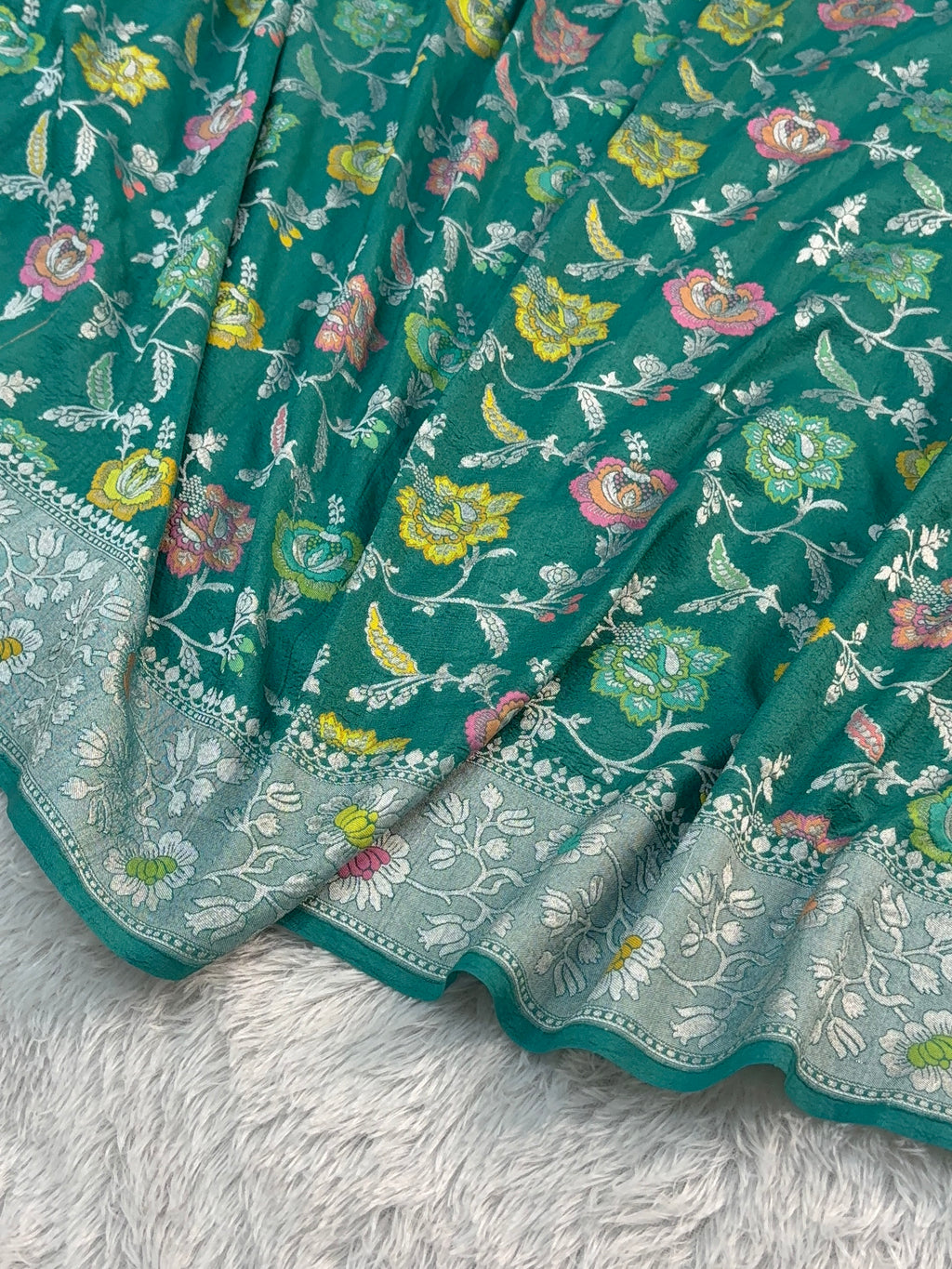 Pure Desi Tussar Silk Saree with Meenakari Floral Jaal Pattern in Sea Green Colour