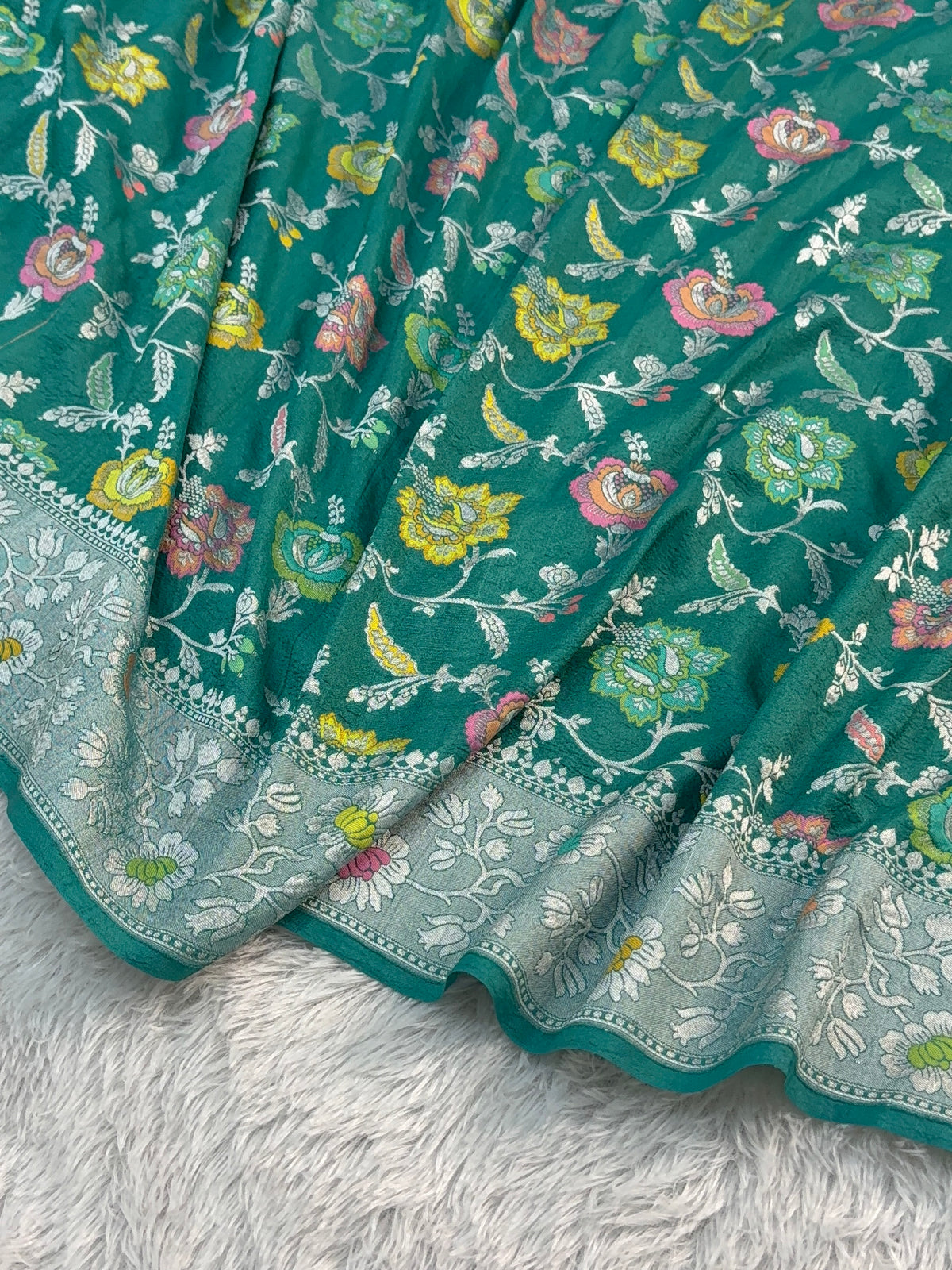 Pure Desi Tussar Silk Saree with Meenakari Floral Jaal Pattern in Sea Green Colour