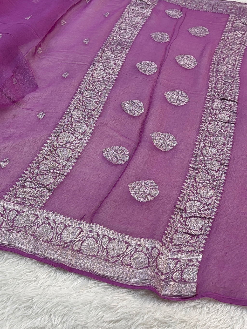 Banarasi Pure Khaddi Chiffon Saree  in Silver Zari with Small Interlocked Motifs Design in Royal Purple Colour