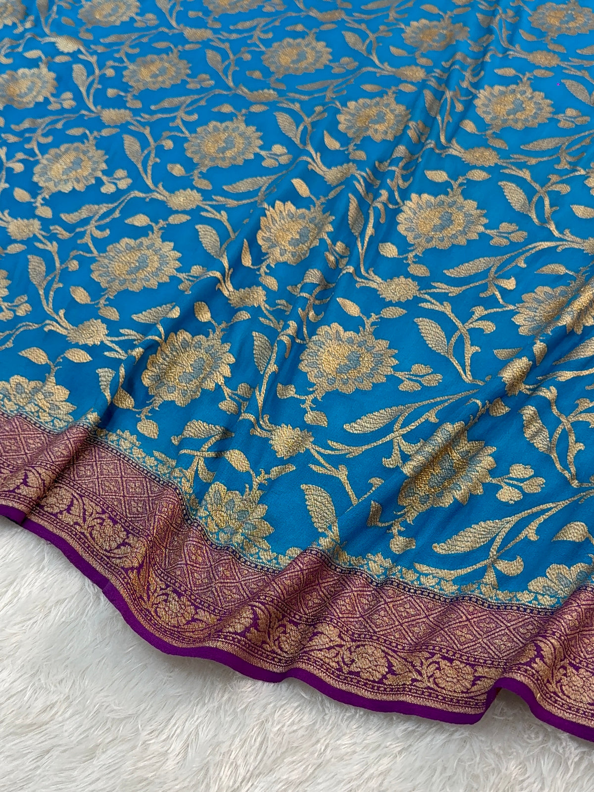 Banarasi Pure Khaddi Chiffon Saree  with Antique Zari Work In Floral Jaal Design in Peacock Blue Colour