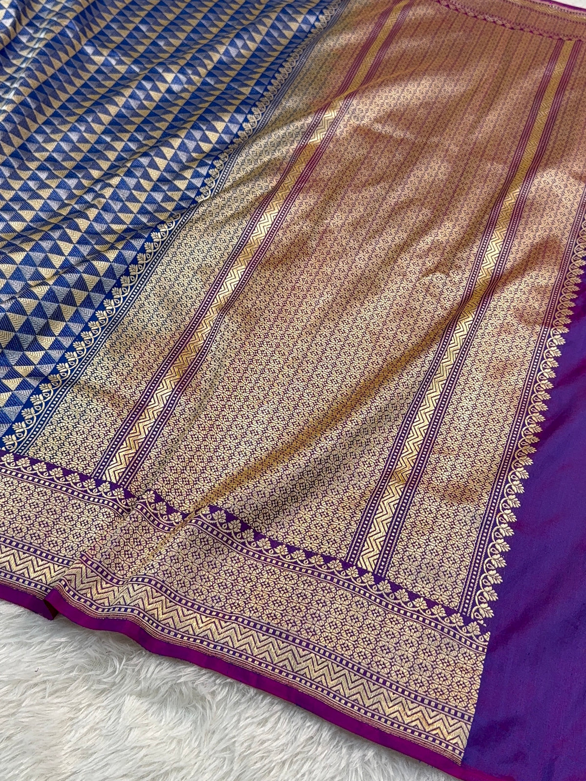 Handwoven Pure Katan Silk Saree With Silver and Gold Zari Brocade Weaving In Temple Jaal Design Pattern In Combination Of Light Blue And Navy Shade
