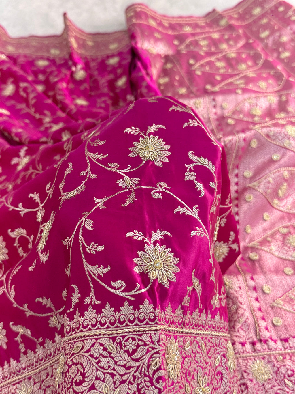Mashru Bridal saree in Rani color shade with Art of handwork