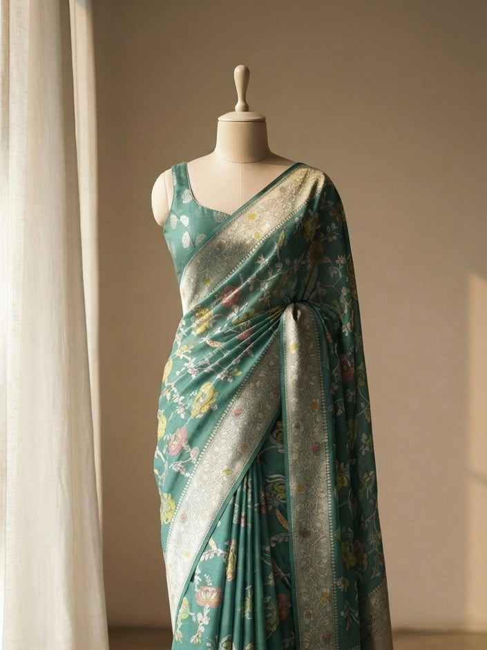 Pure Desi Tussar Silk Saree with Meenakari Floral Jaal Pattern in Sea Green Colour