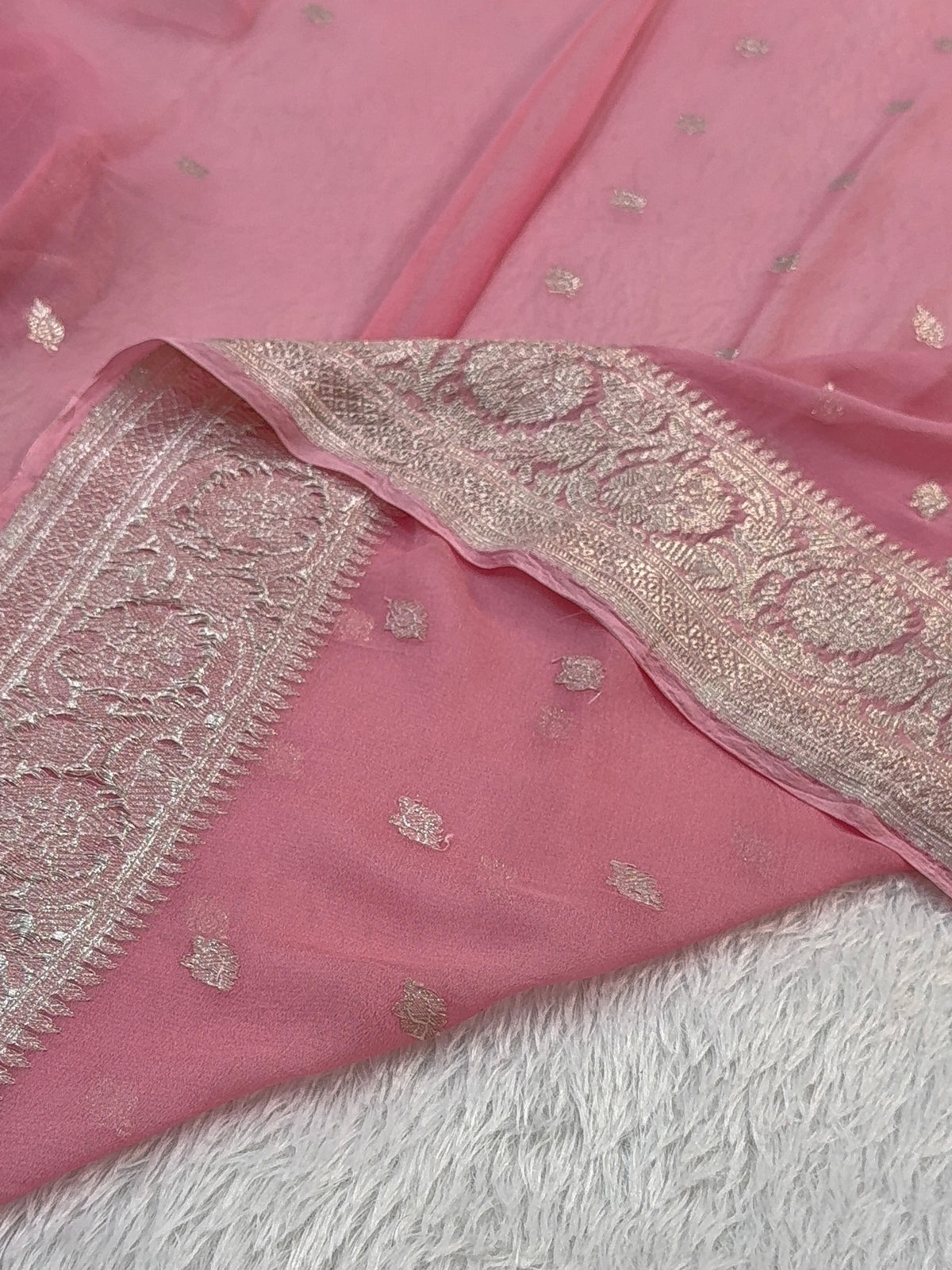 Banarasi Pure Khaddi Chiffon Saree  in Silver Zari with Small Interlocked Motifs Design in Peach Colour