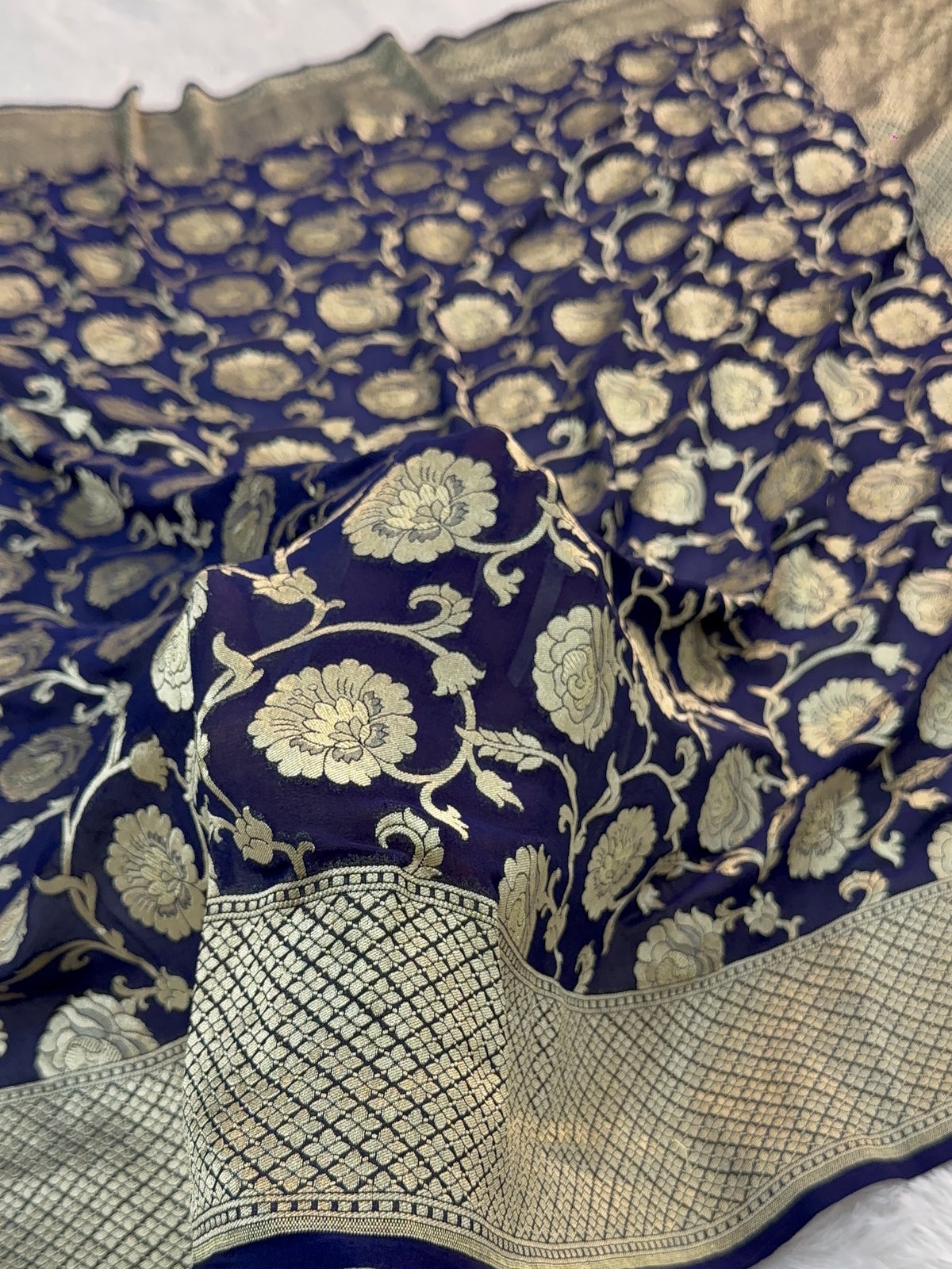Banarasi Pure Khaddi Chiffon Saree with Light Gold Zari Work with Floral Jaal Design In Navy Blue Colour