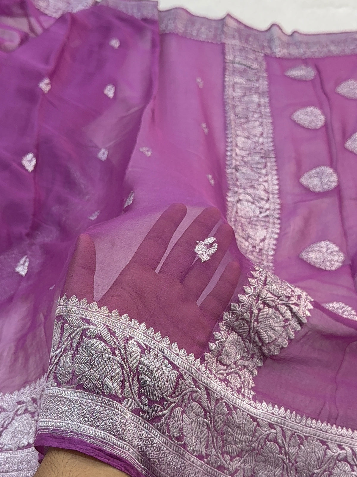 Banarasi Pure Khaddi Chiffon Saree  in Silver Zari with Small Interlocked Motifs Design in Royal Purple Colour