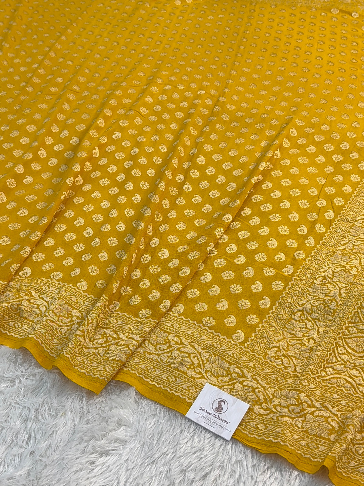 Banarasi Pure Khaddi Chiffon Saree in Border And Buti Design in Mustard Colour