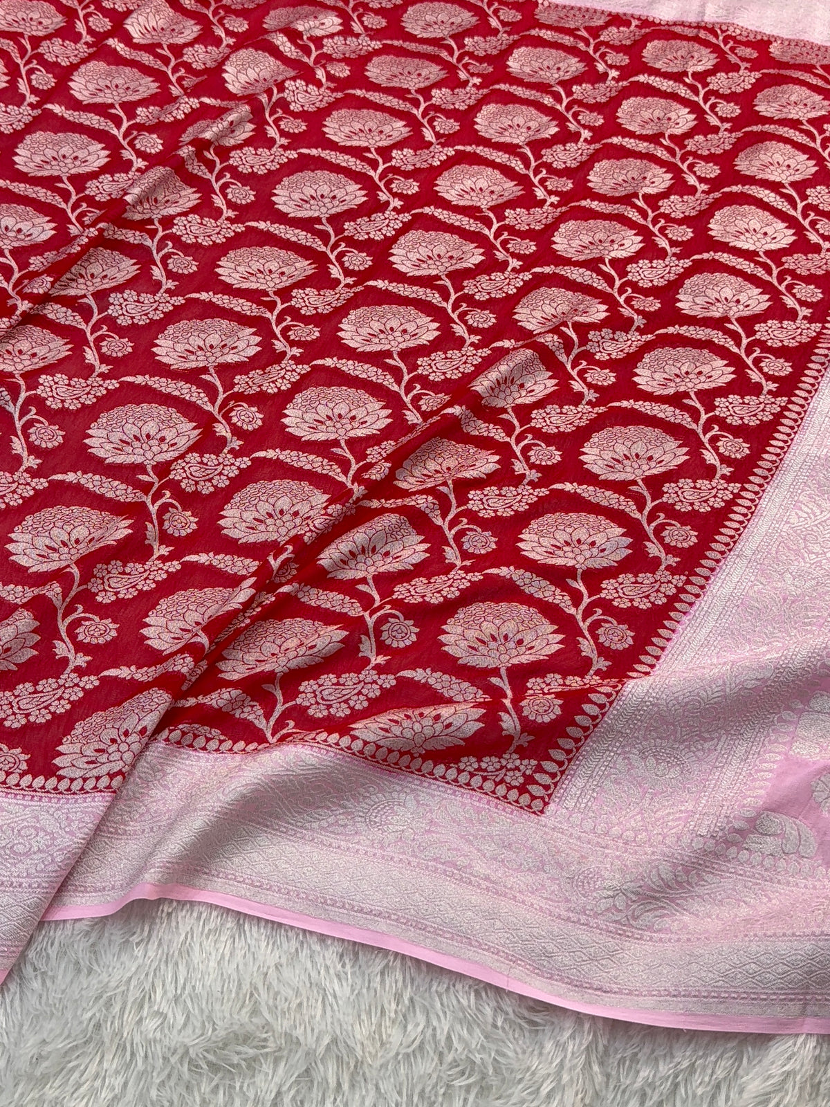 Banarasi Pure Khaddi Chiffon Saree  with Silver Zari Work In Floral Jaal Design in Red and Light Pink Colour Combination
