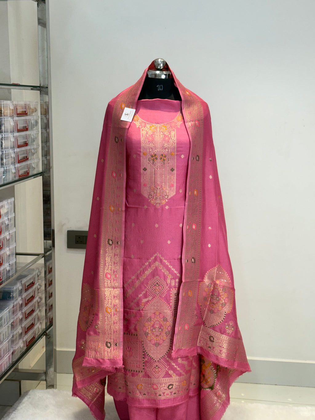 Pure Viscose Meenakari 3 piece Suit with Zari Work with Heavy Dupatta in Rusty pink color
