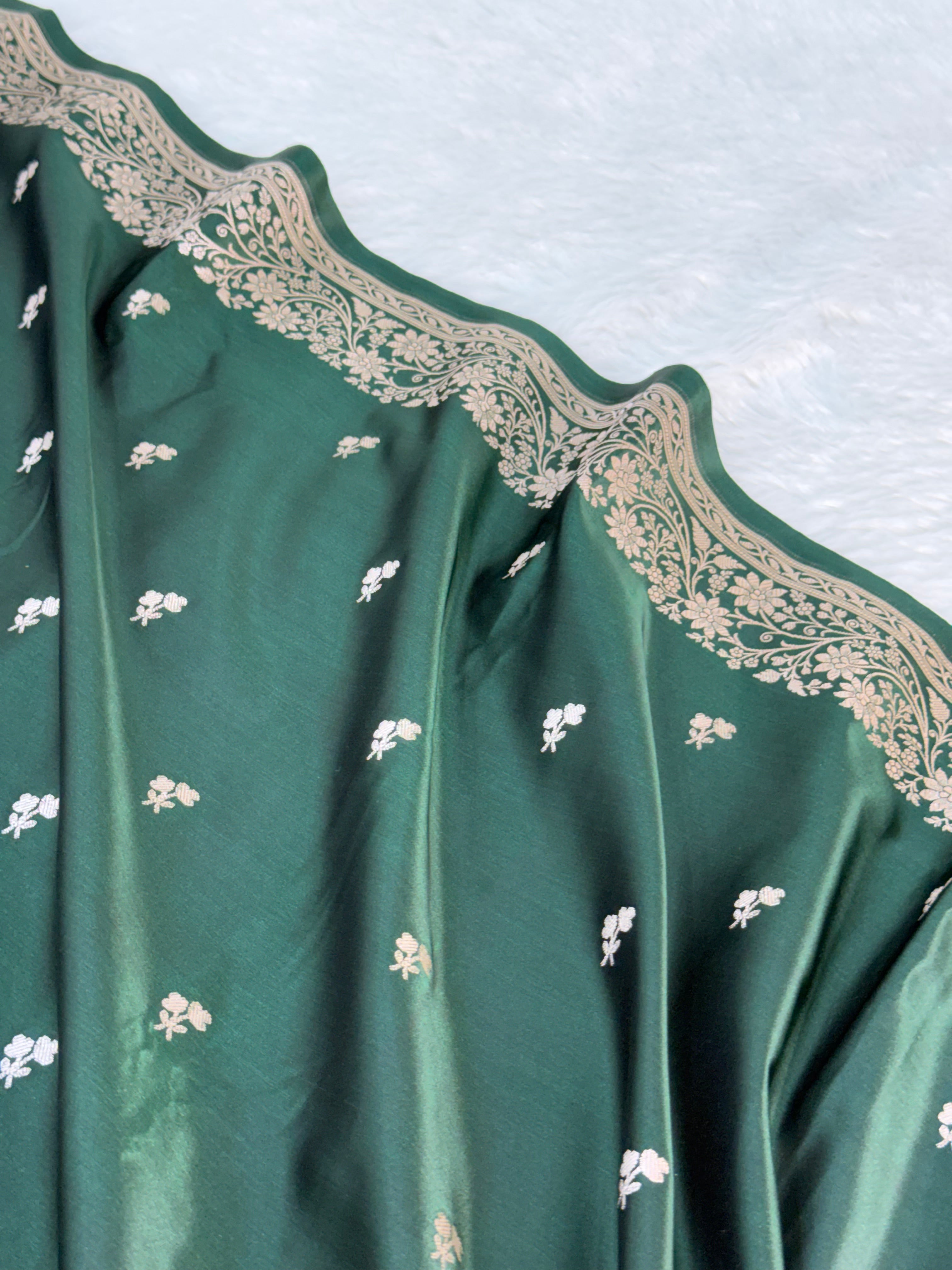 Mashru Silk Banarasi Border Buti Saree in Bottle Green color