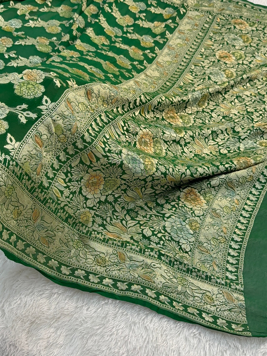 Banarasi Pure Khaddi Chiffon Saree  with Light Gold Zari Work In Floral Jaal Design with Meenakari by Handbrush in Dark Green Colour