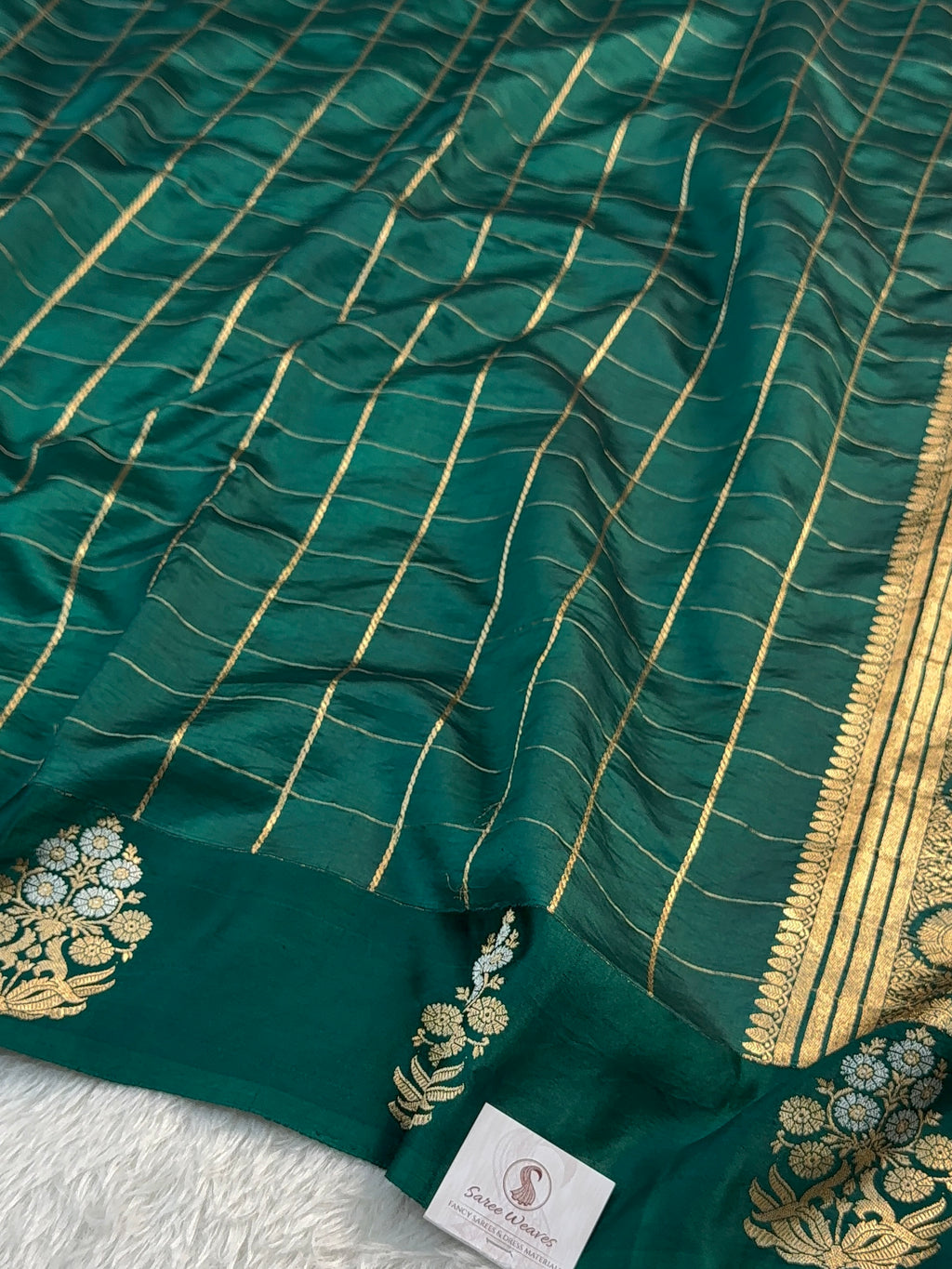 Banarasi Raw Mango Silk Saree with Satin Border with Checks Design in Dark Green Colour