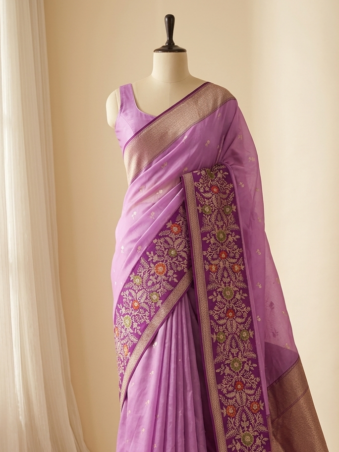 Banarasi Handwoven pure Kora Silk Saree in Motifs design With Saperatively Woven Katan Silk Border with Meenakari Jaal Design