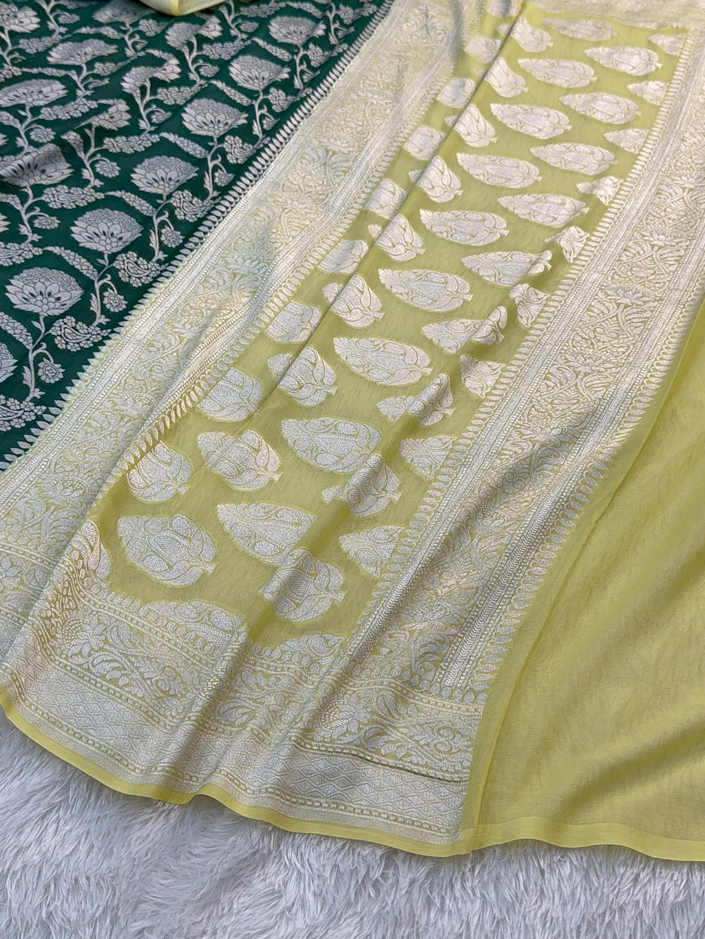 Banarasi Pure Khaddi Chiffon Saree  with Silver Zari Work In Floral Jaal Design in Dark Green and Light Lemon Colour Combination
