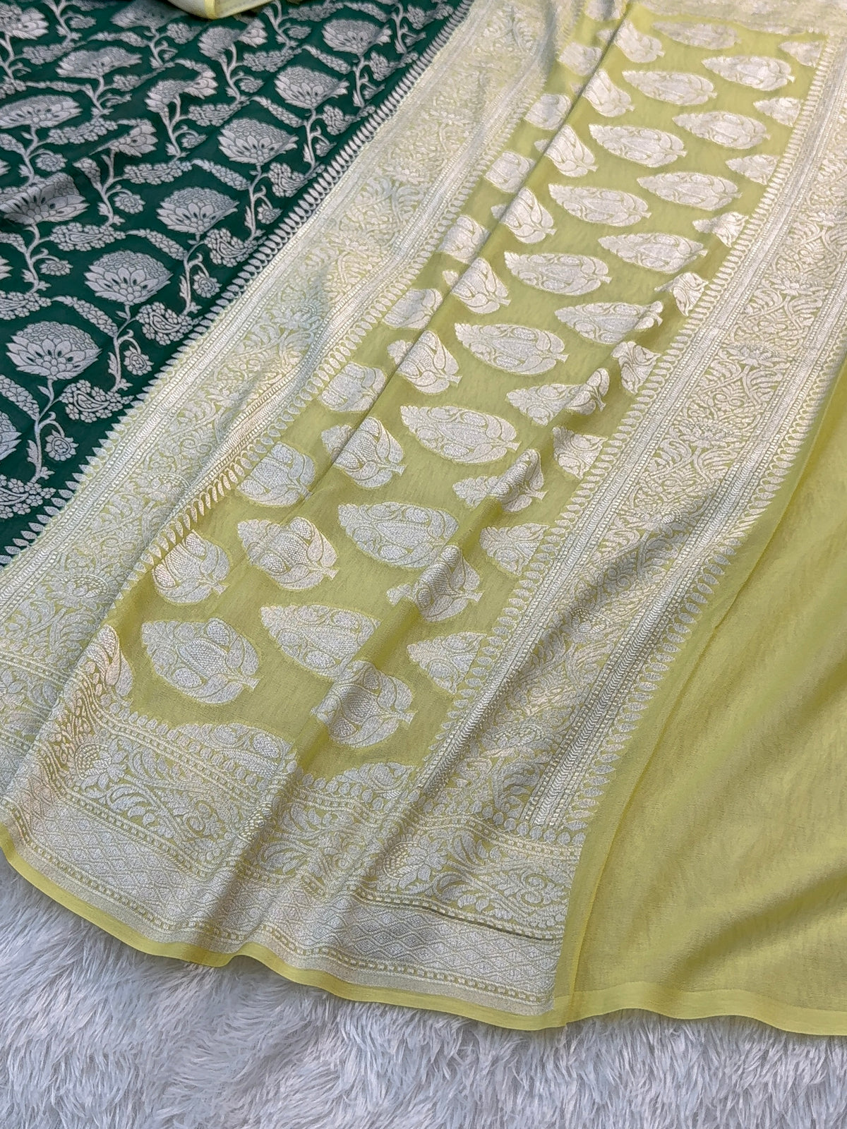 Banarasi Pure Khaddi Chiffon Saree  with Silver Zari Work In Floral Jaal Design in Dark Green and Light Lemon Colour Combination