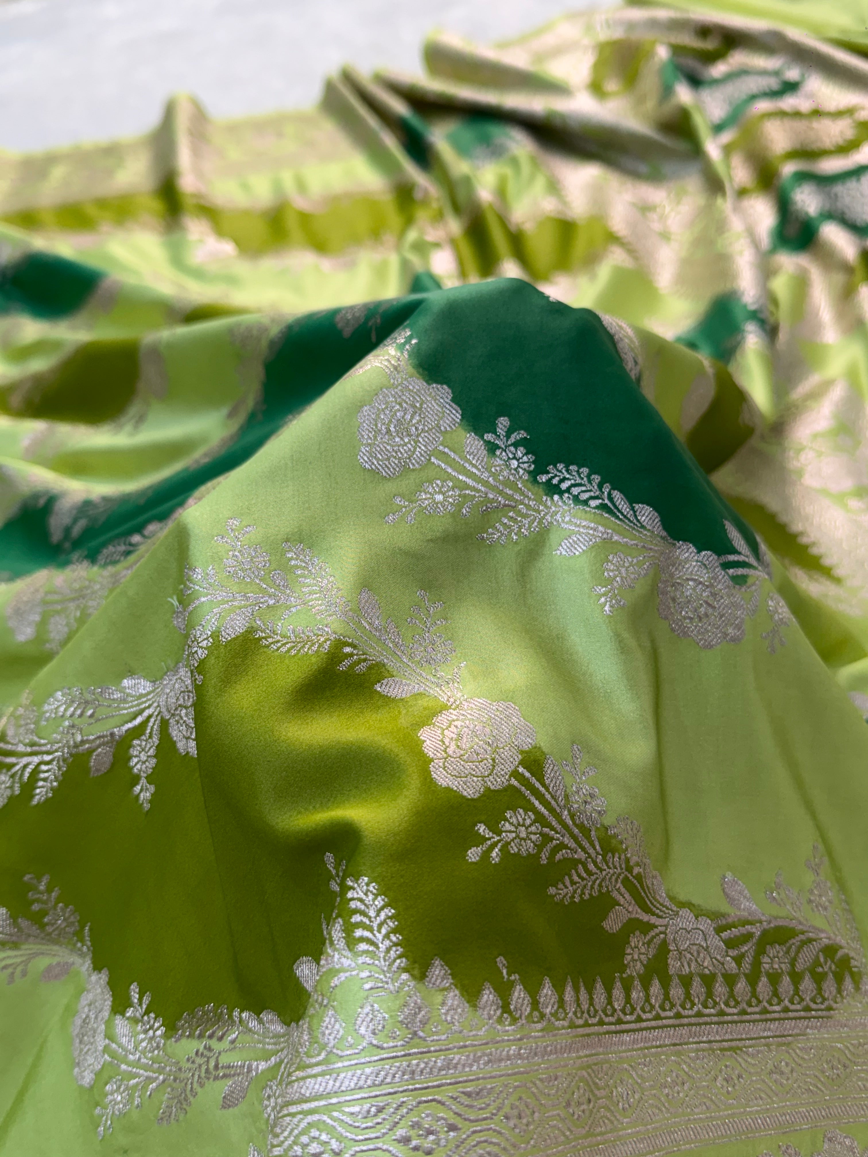 Banarasi mashru silk rangkat saree in aada pattern design in Light And Dark Green colour