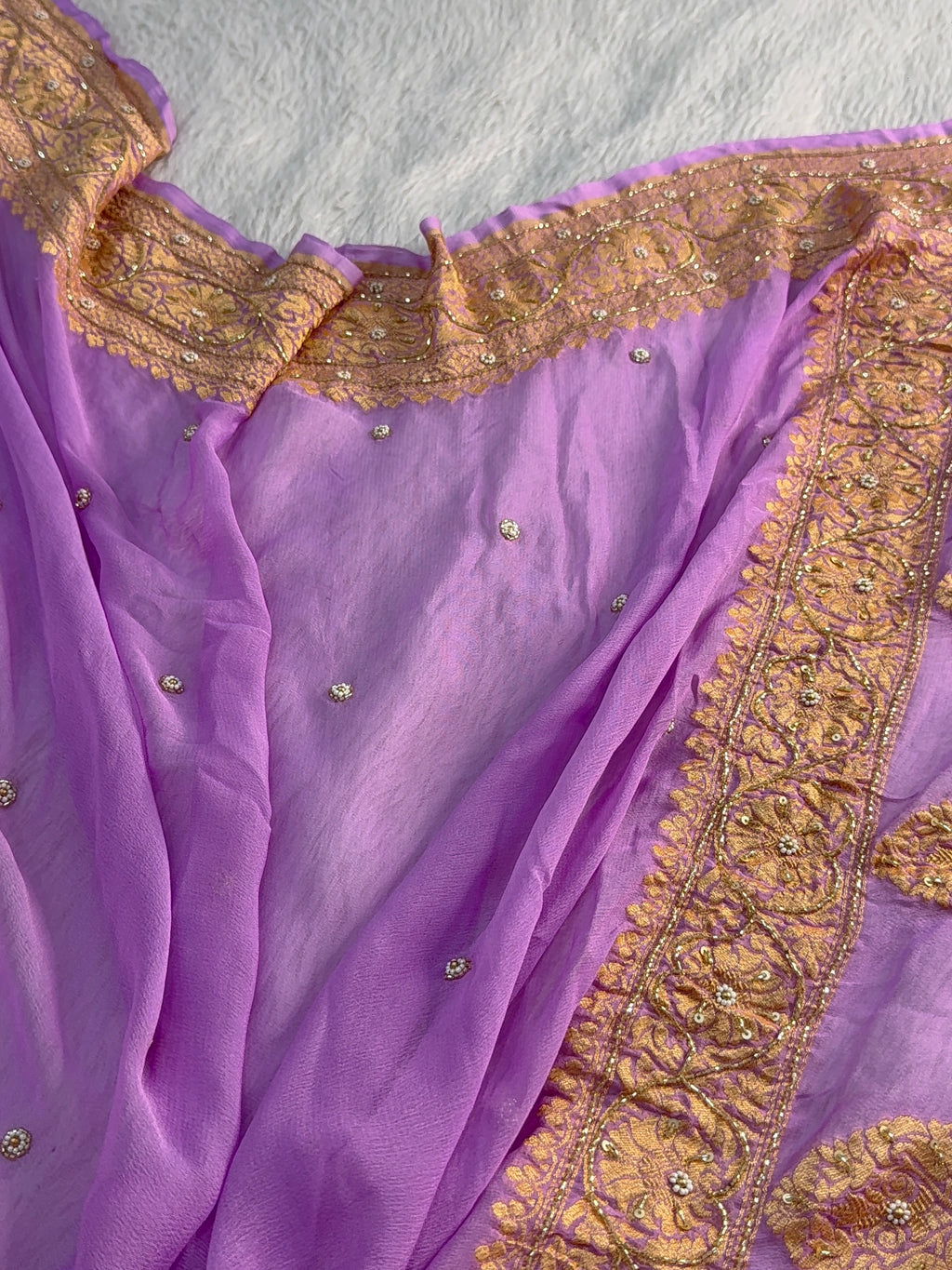 Banarasi Pure Khaddi Shiffon Saree with Zardozi Handwork all over in Lavender Colour