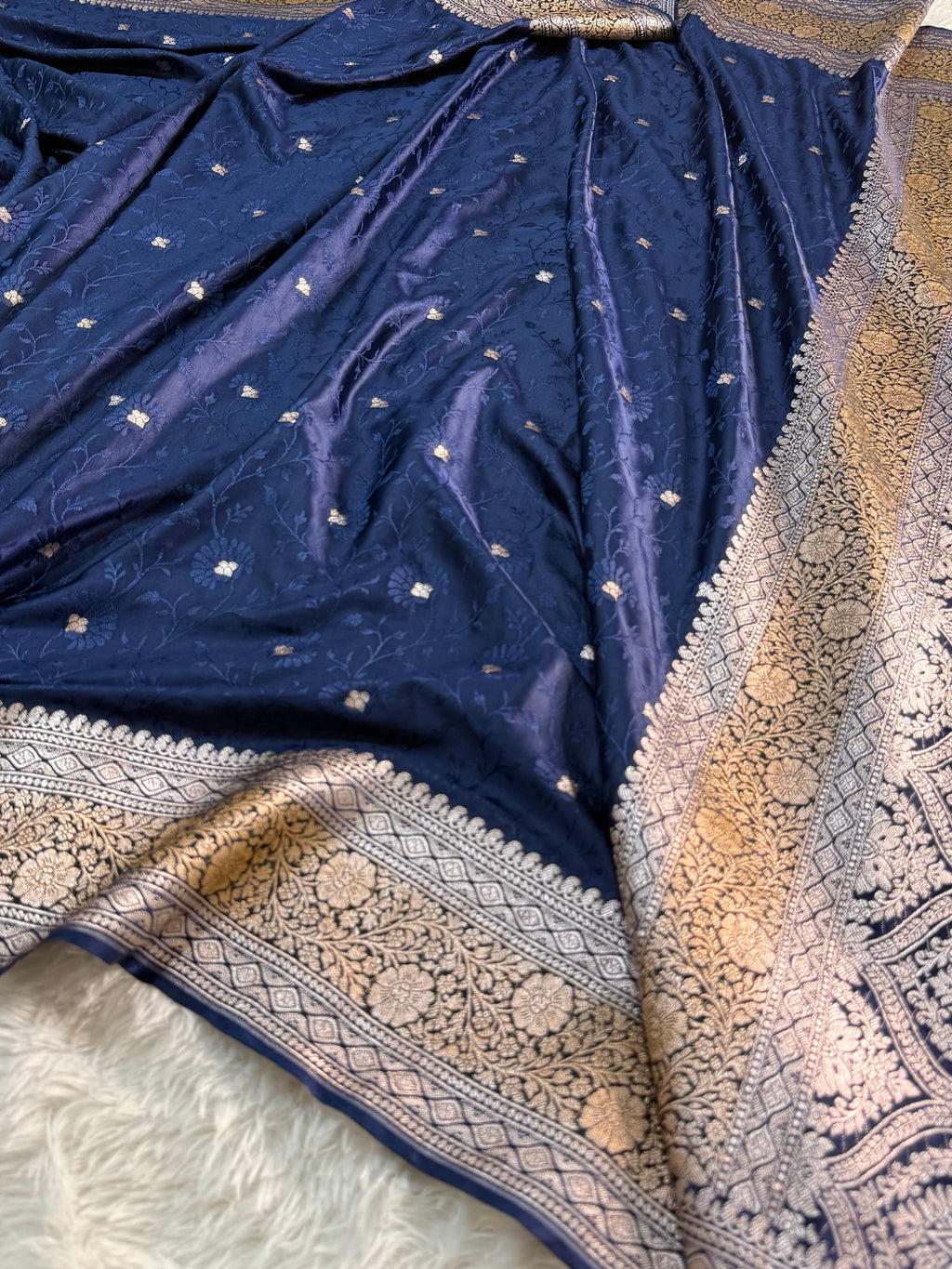 Banarasi Mashru Silk Saree with Tanchoi Jaal Weaving in Navy Colour with Hand brush paint in Border