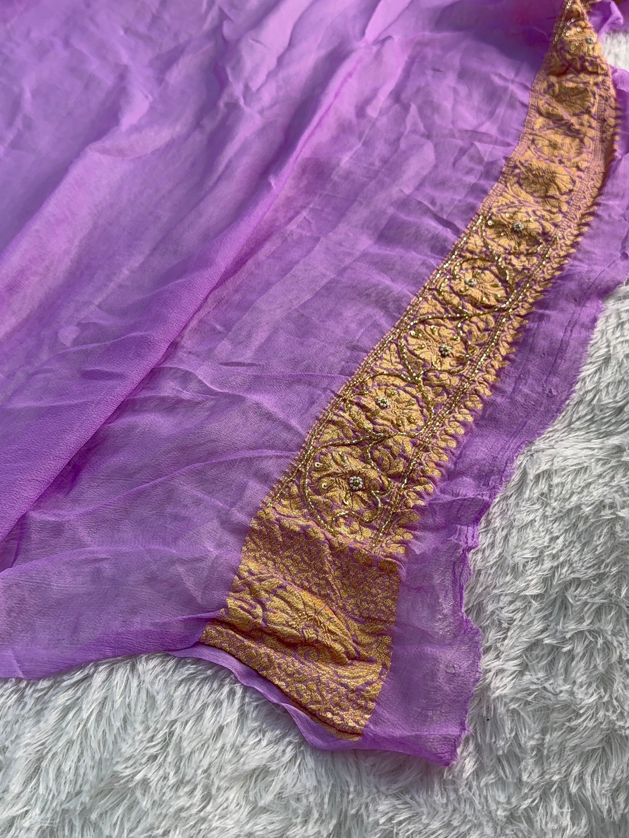 Banarasi Pure Khaddi Shiffon Saree with Zardozi Handwork all over in Lavender Colour