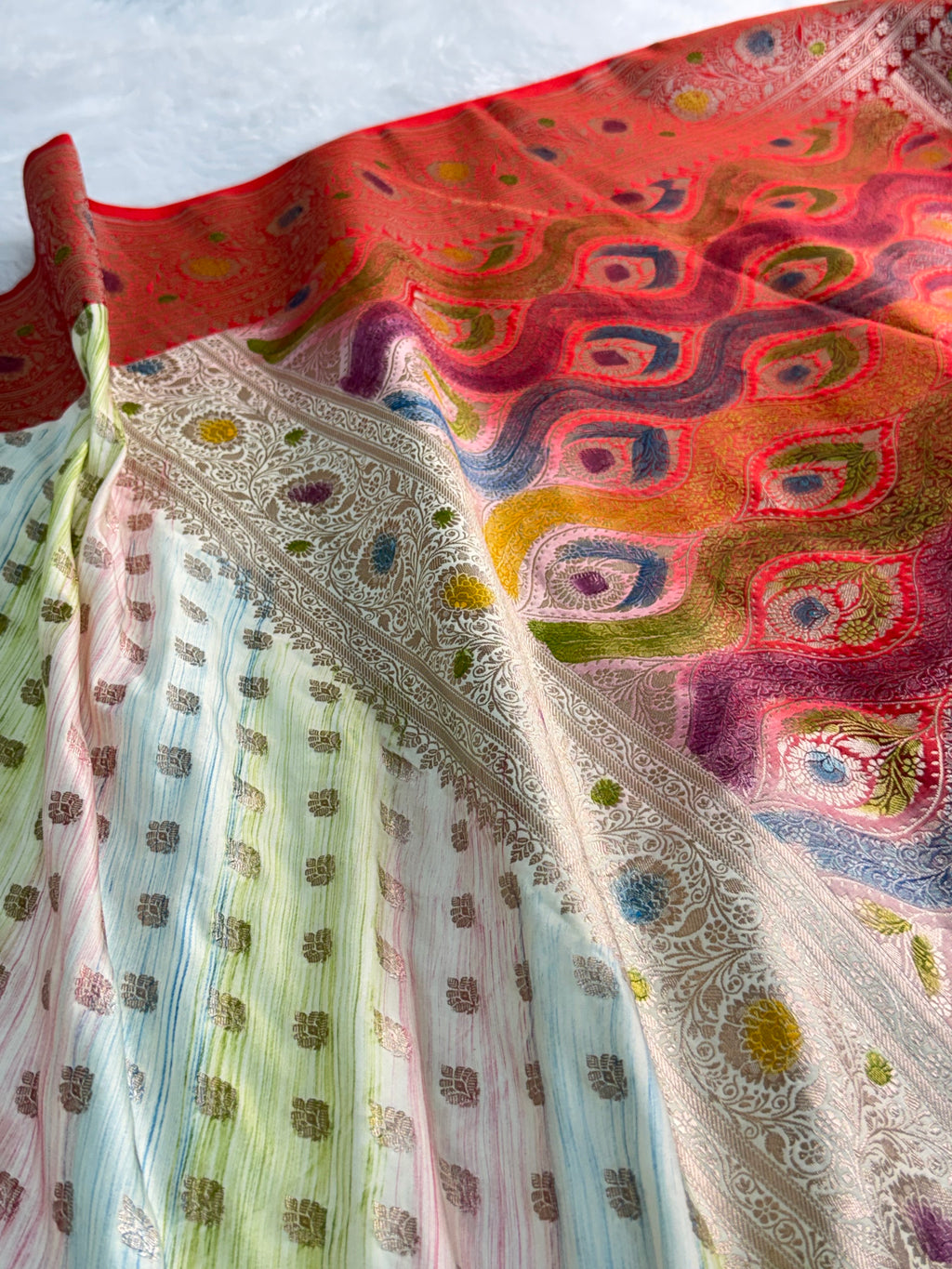 Mashru Silk Saree With Buti Design In Hand Brush contrast Colour