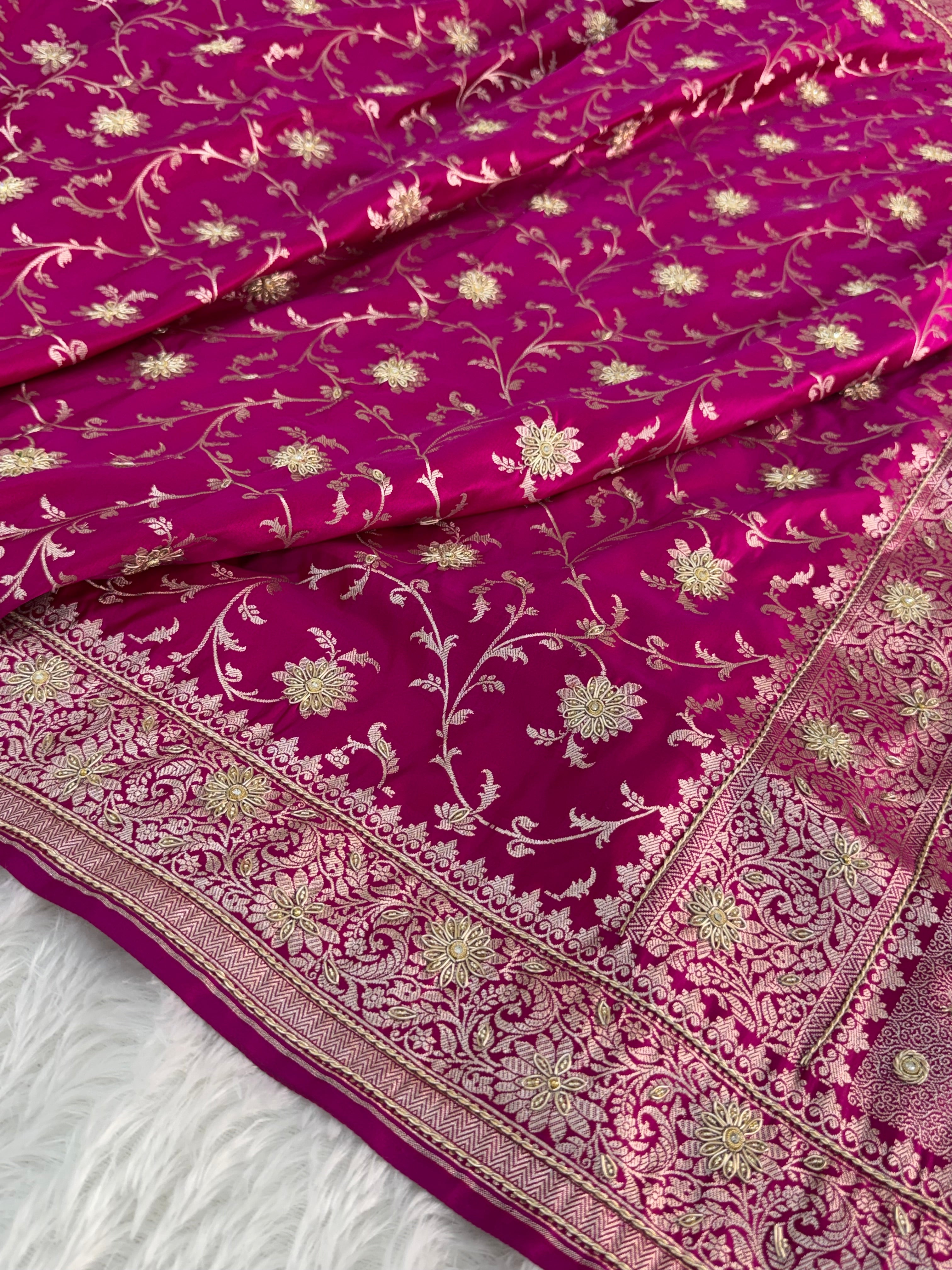 Mashru Bridal saree in Rani color shade with Art of handwork